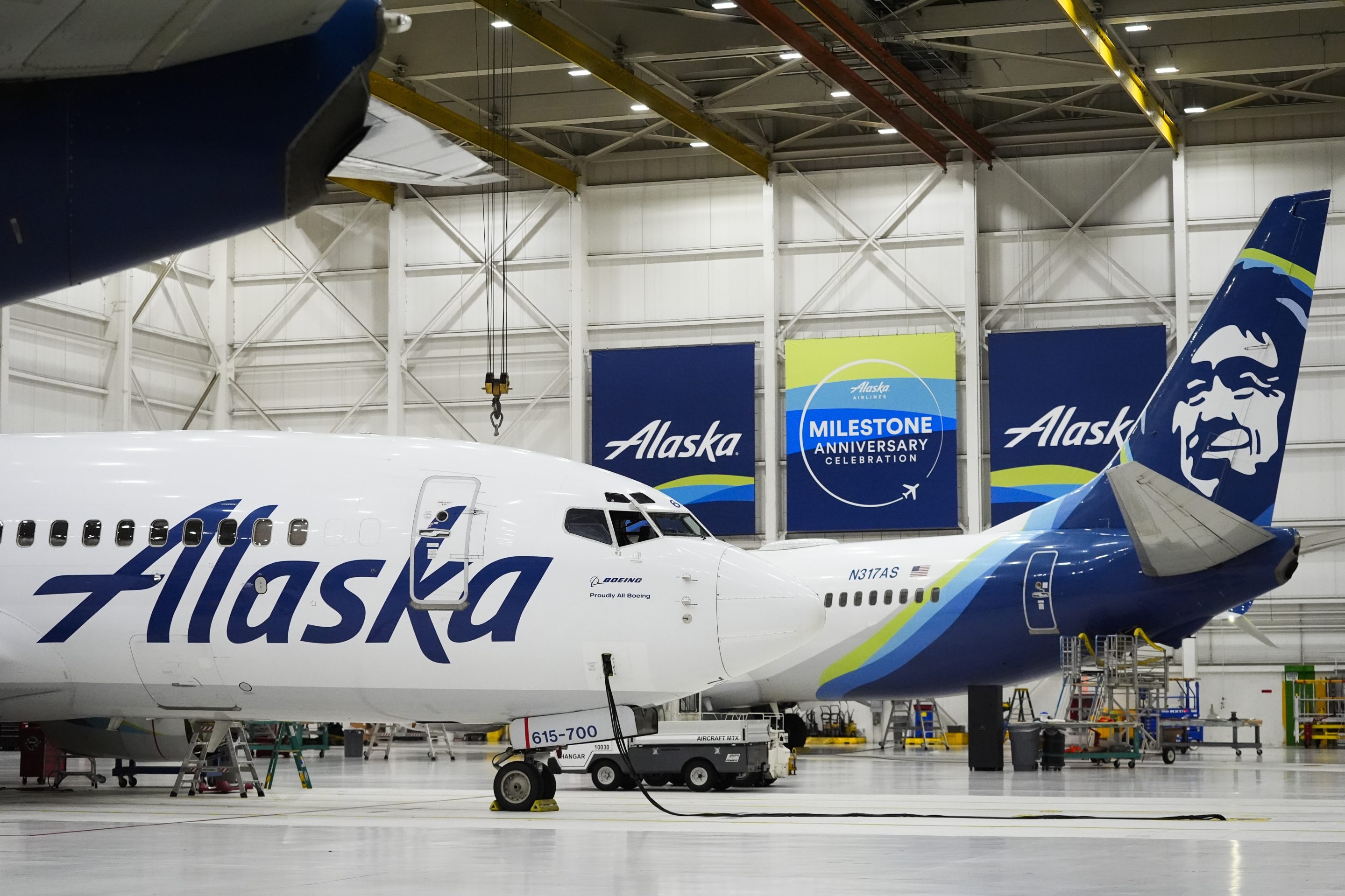 Alaska Airlines aircraft sits in the airline's hangar at Seattle-Tacoma International Airport, Jan. 10, 2024, in SeaTac, Wash.