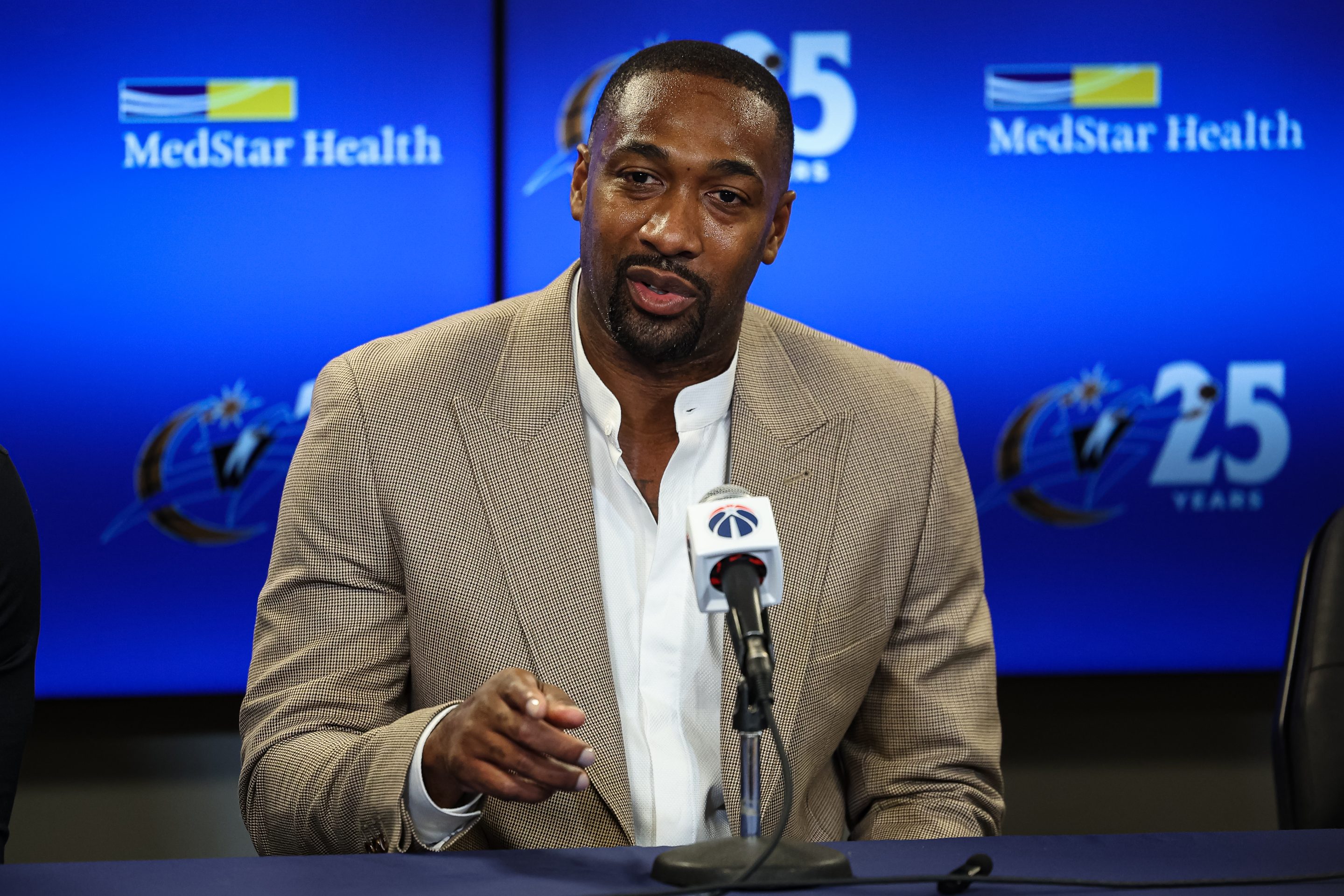Former Washington Wizards player Gilbert Arenas addresses the media before the game between the Washington Wizards and the Miami Heat at Capital One Arena on November 18, 2022 in Washington, DC.
