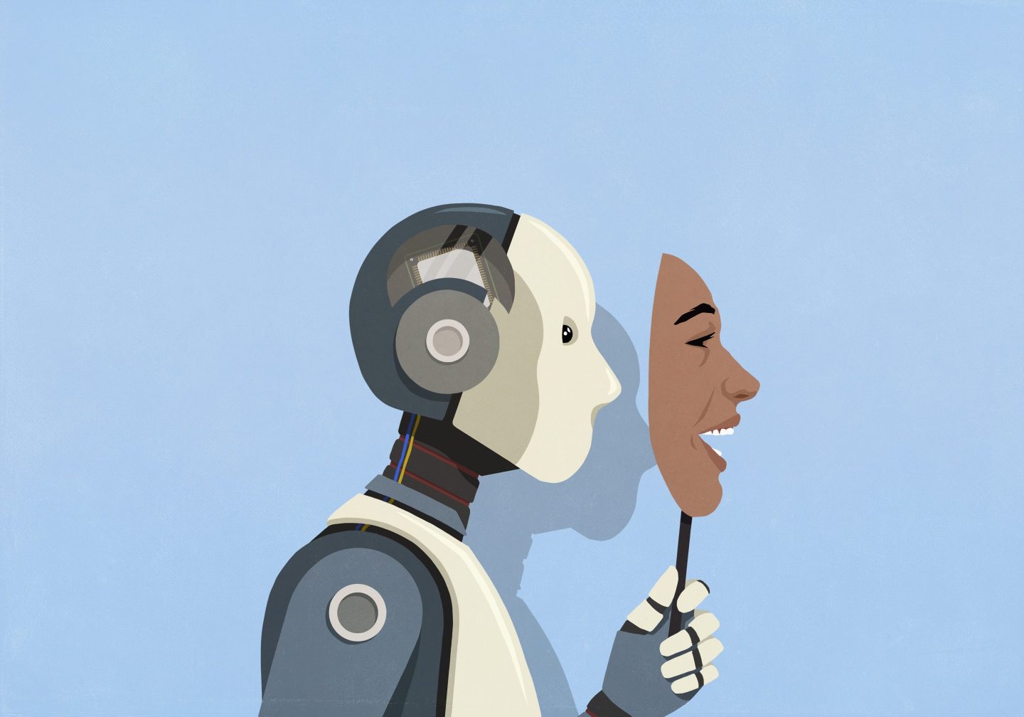 Robot hiding behind happy human face mask