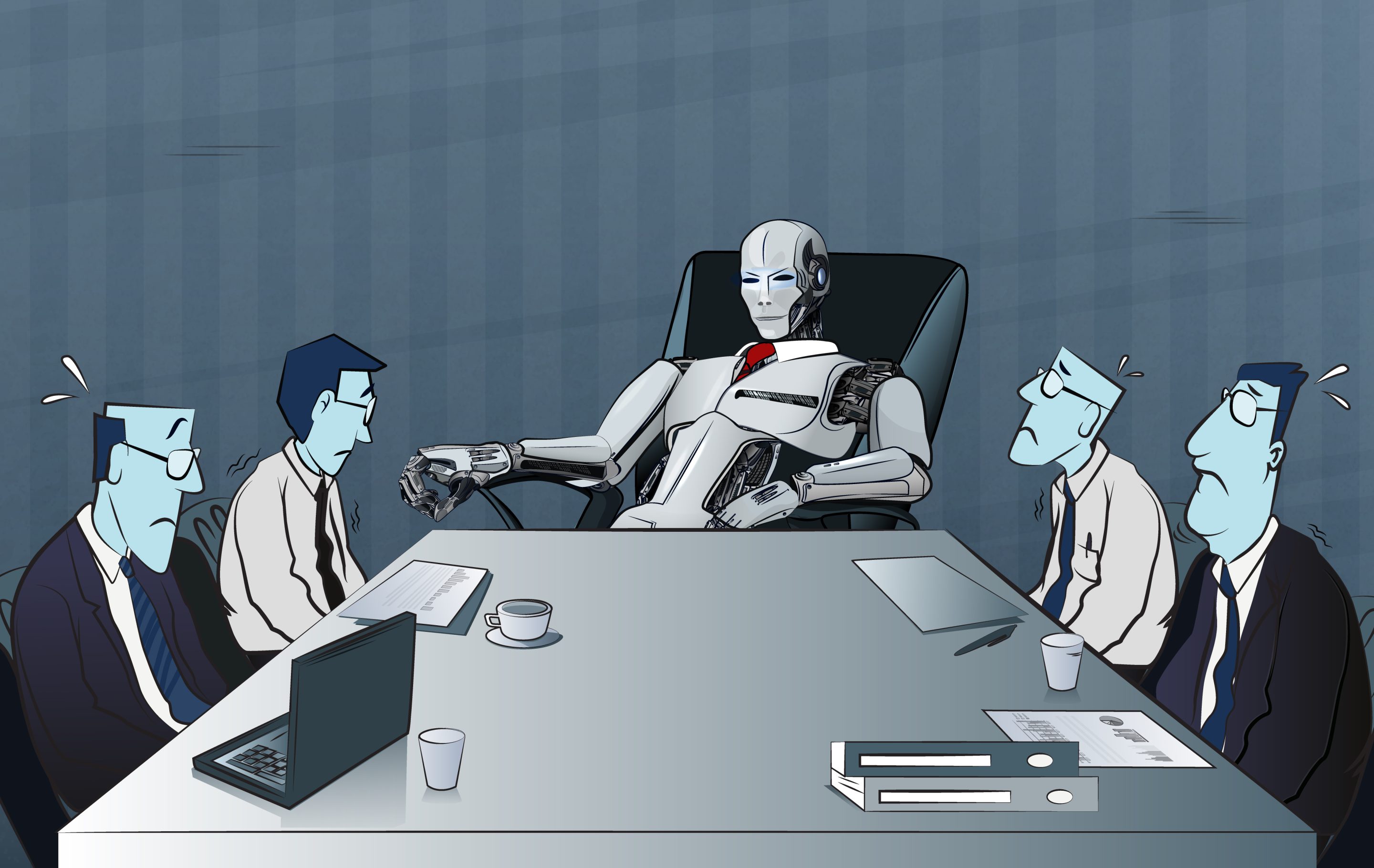 A robot boss and its employees in a conference room.