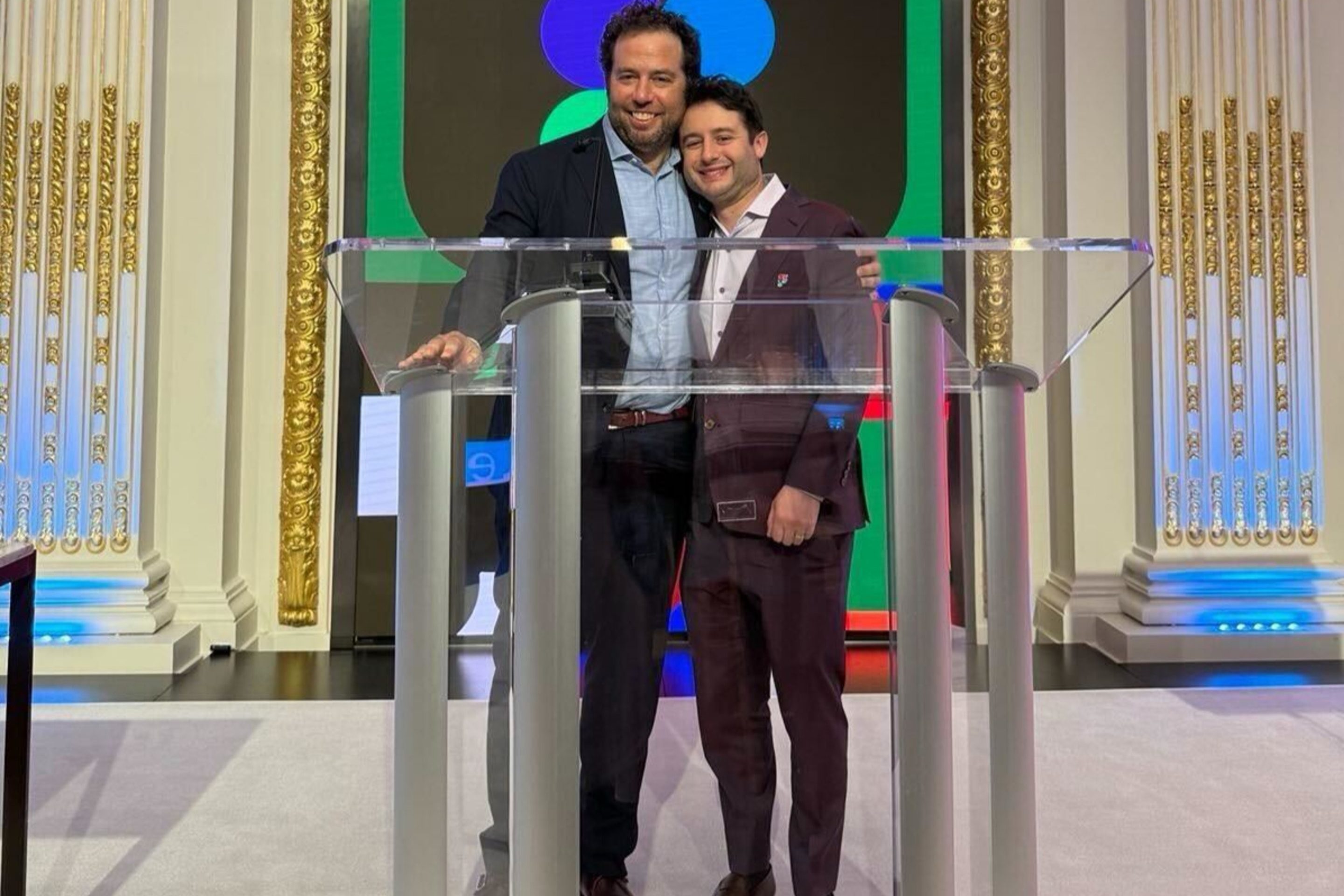 Index's Danny Rimer and Figma's Dylan Field at the New York Stock Exchange on July 31, 2025.