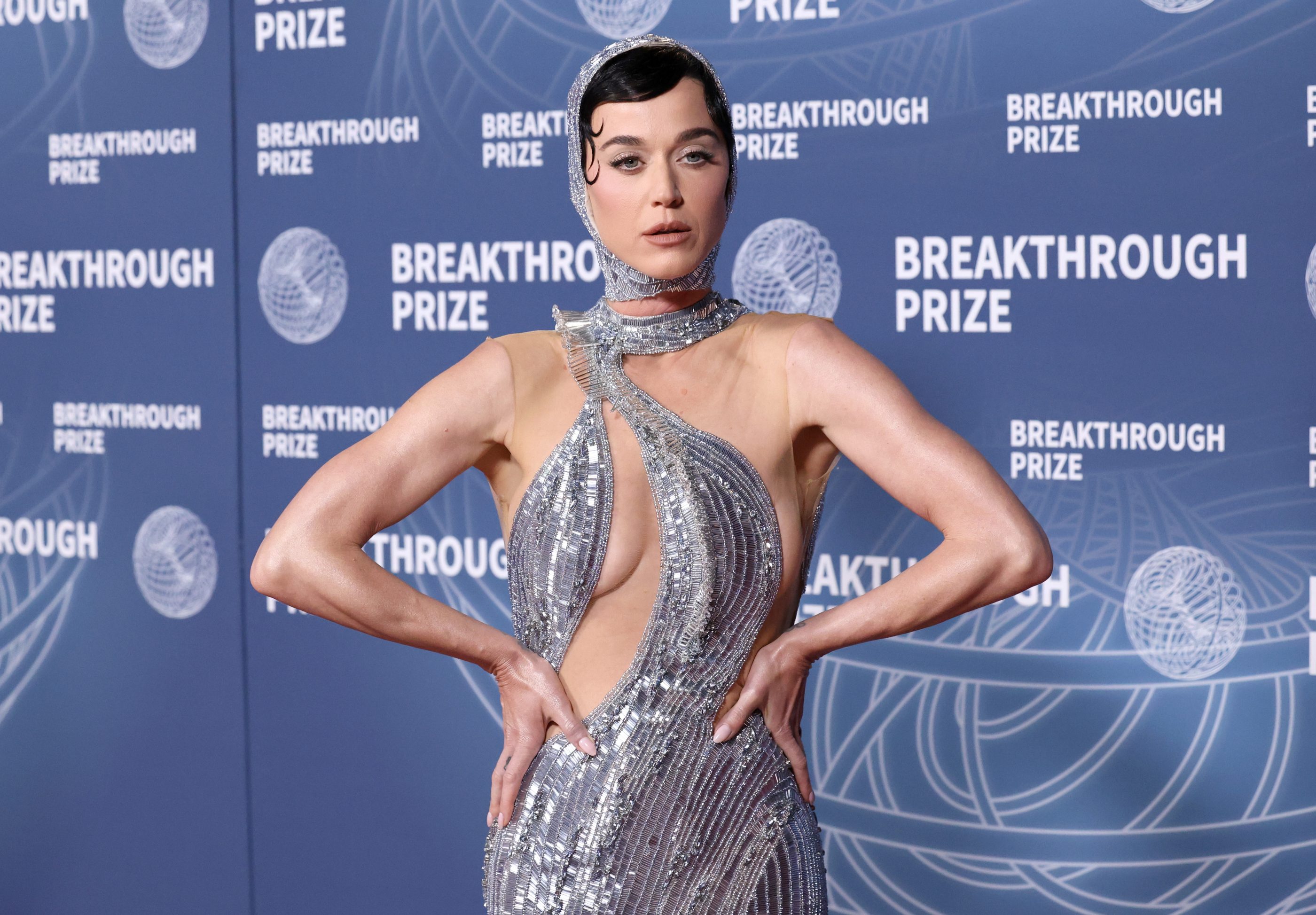 Katy Perry attends a dress in grey glitter.