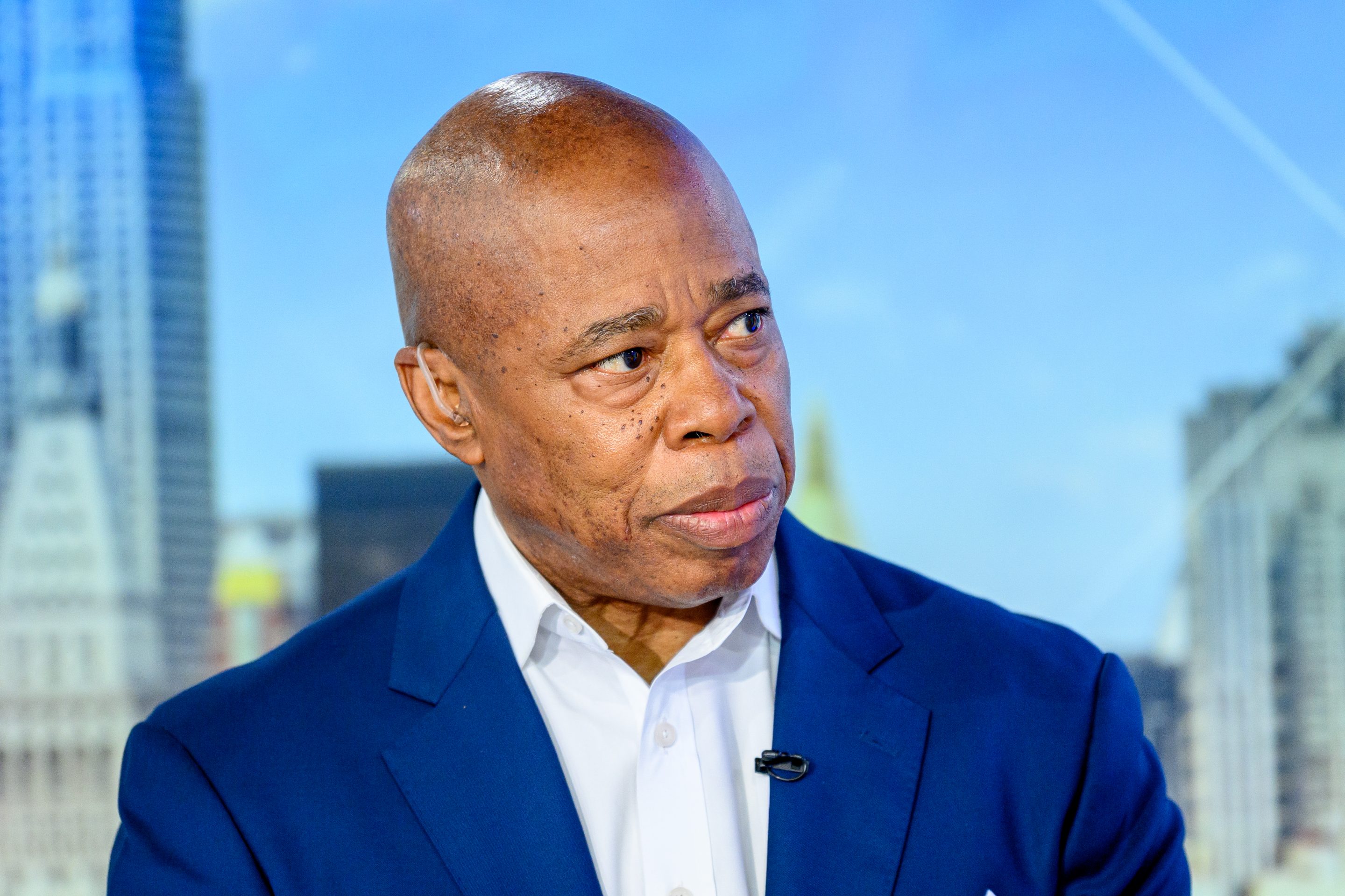 New York City Mayor Eric Adams looks at the camera on "Mornings With Maria" with host Cheryl Casone at the Fox Business Network Studios on July 08, 2025 in New York City.