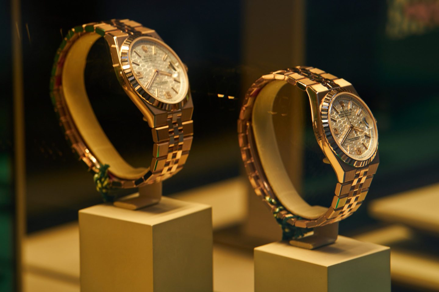 Rolex Land-Dweller watches displayed in a window