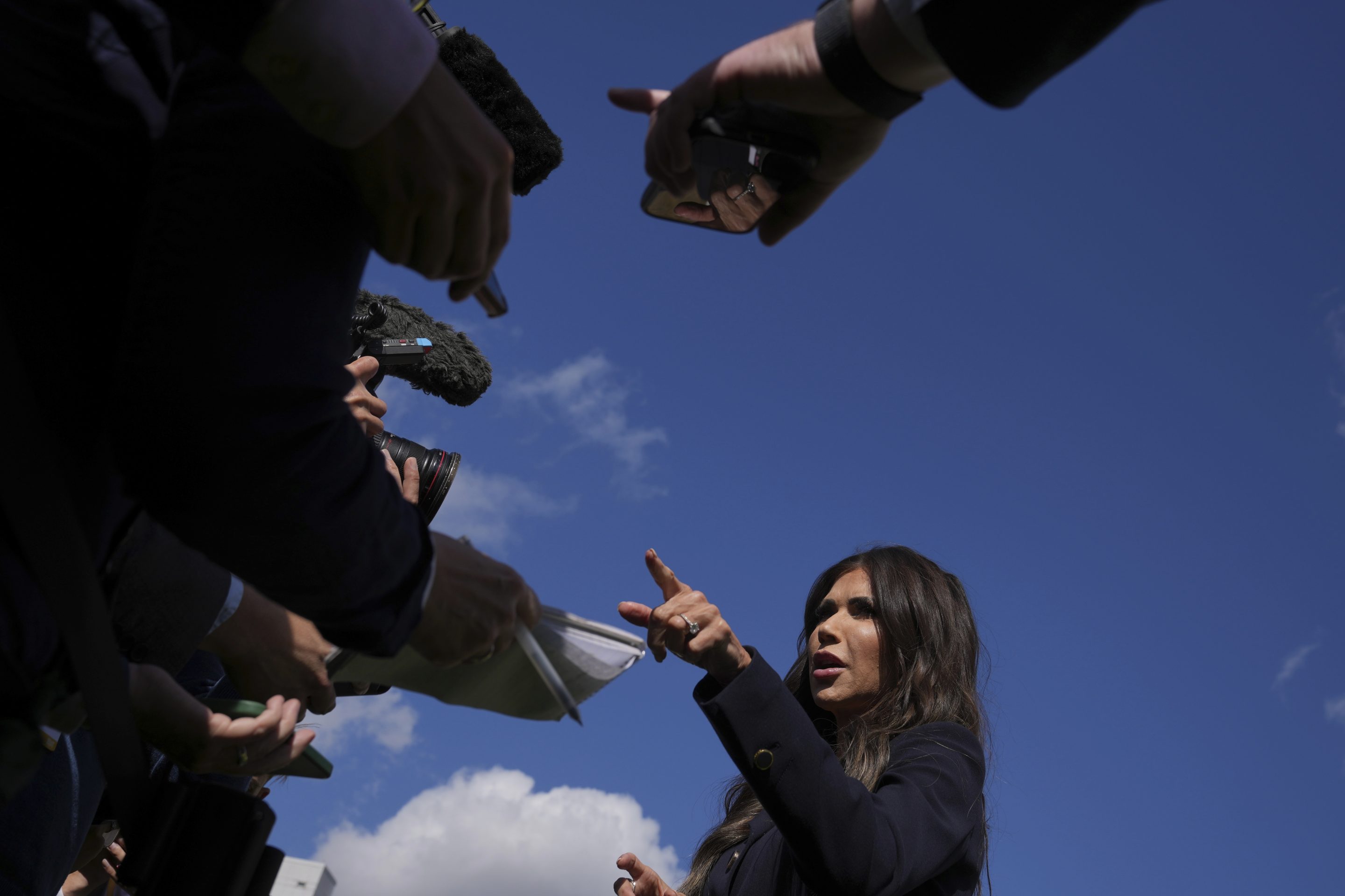 United States Secretary of Homeland Security Kristi Noem speaks to the media during the Five Country Ministerial meeting at the Honourable Artillery Company in London, Monday, Sept. 8, 2025. 