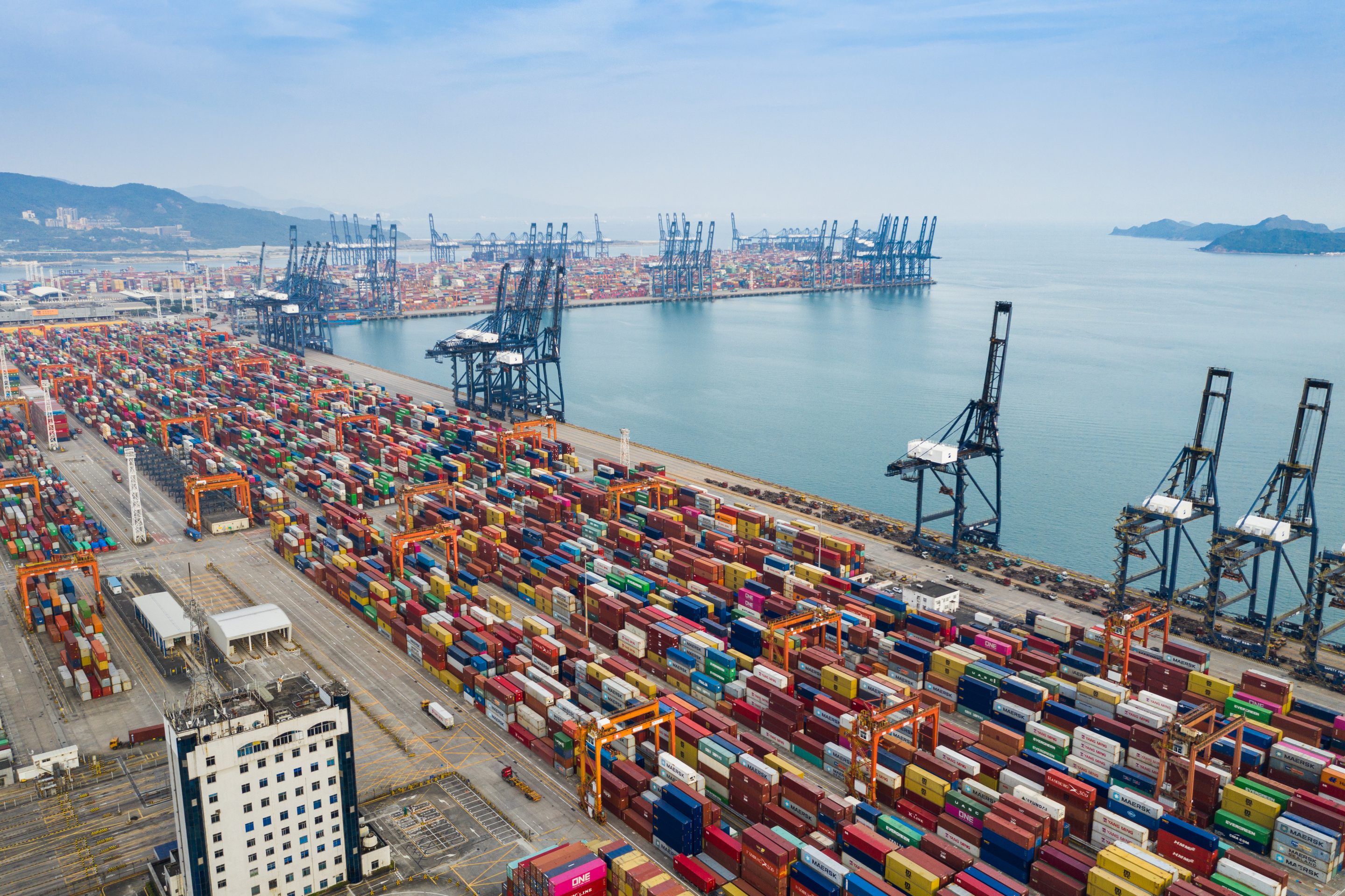 An aerial perspective of a container port in Shenzhen, China.