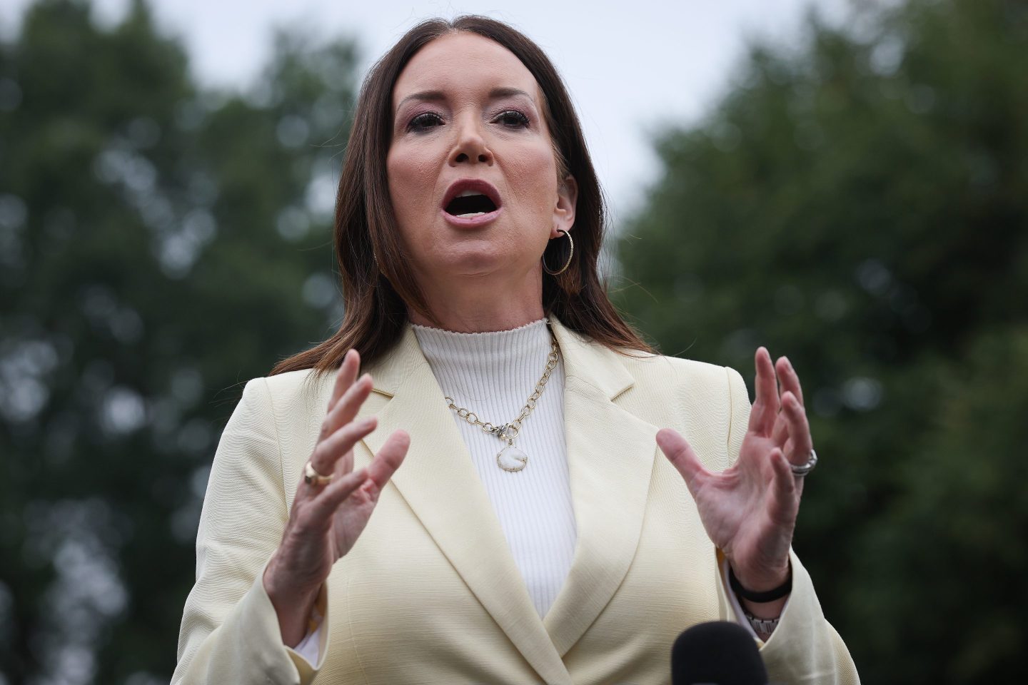 Brooke Rollins, standing outside, speaks and gestures with both hands in front of her.