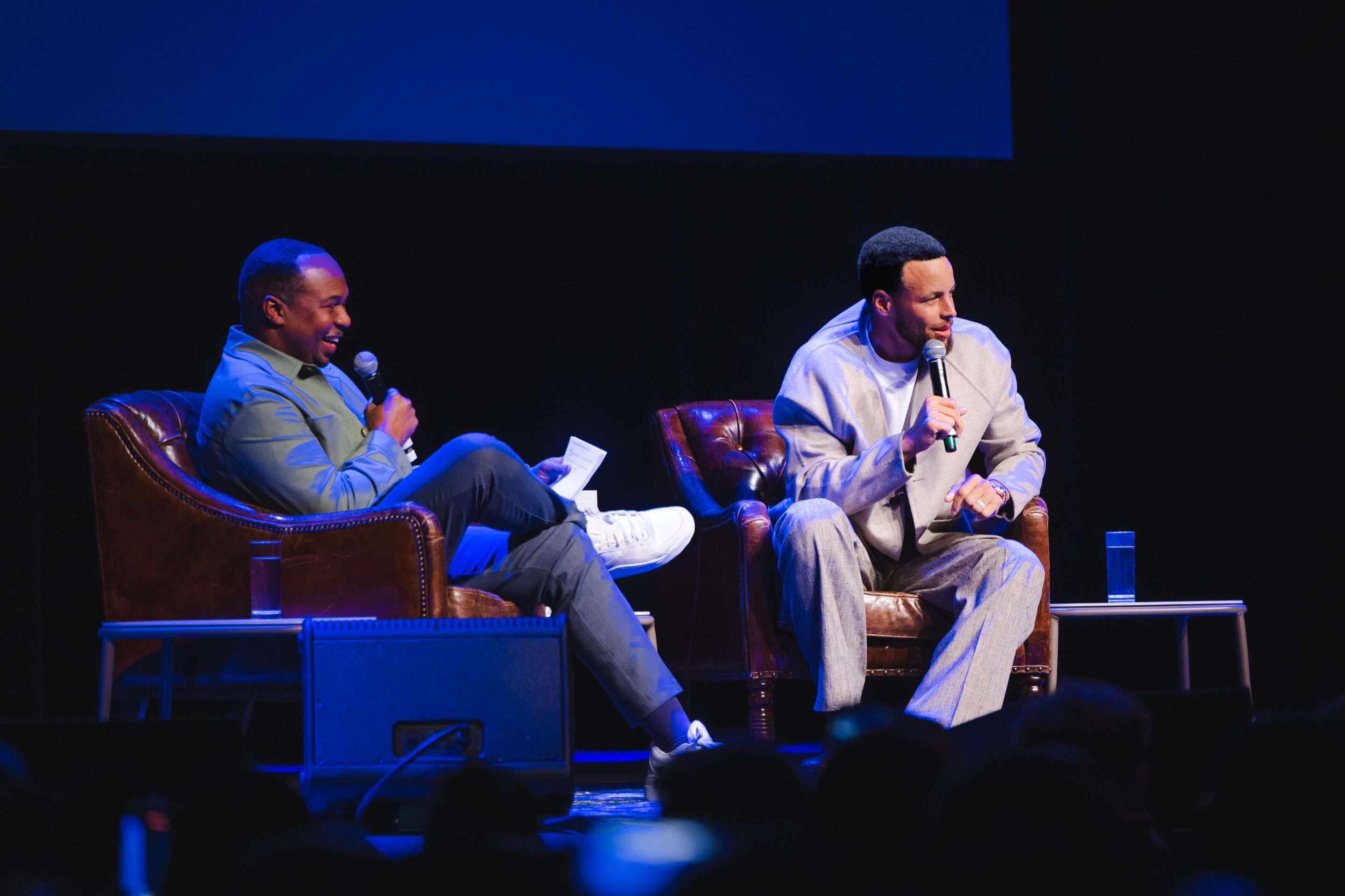 Actor and comedian Roy Wood Jr. in a fireside chat with NBA Golden State Warriors star Stephen Curry at Brooklyn’s Paramount theater, Sept. 11, 2025.