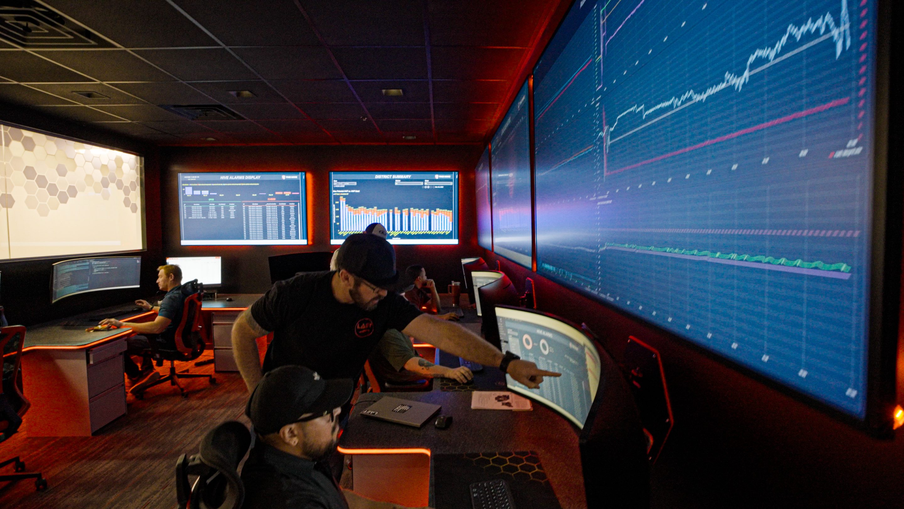 Employees are shown at Liberty Energy's Hive tech center near Denver where all of the frac fleet operations nationwide are monitored remotely.