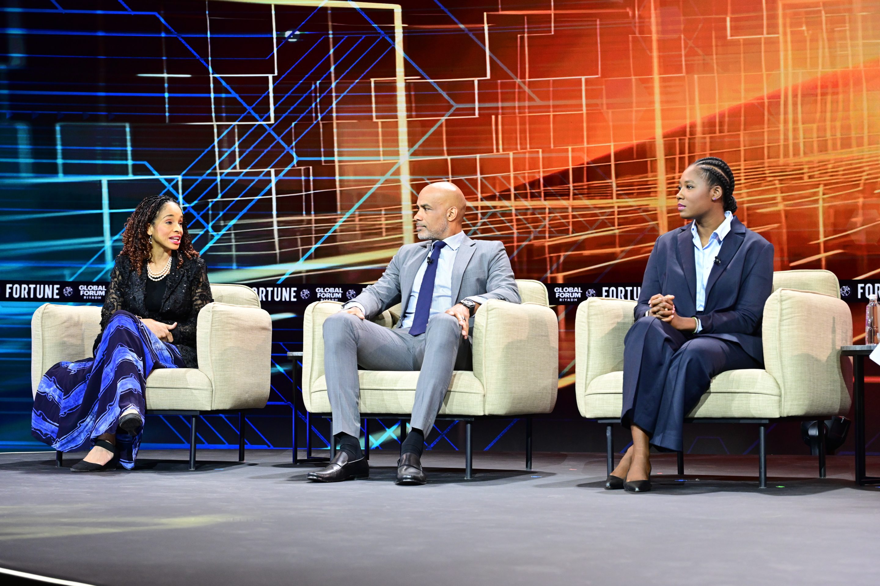 Ndidi Okonkwo Nwuneli, CEO of One Campaign; Boris Kodjoe, Cofounder of Full Circle Africa; and Kate Kallot, founder and CEO of Amini, at the Fortune Global Forum in Riyadh, Saudi Arabia, on Sunday.