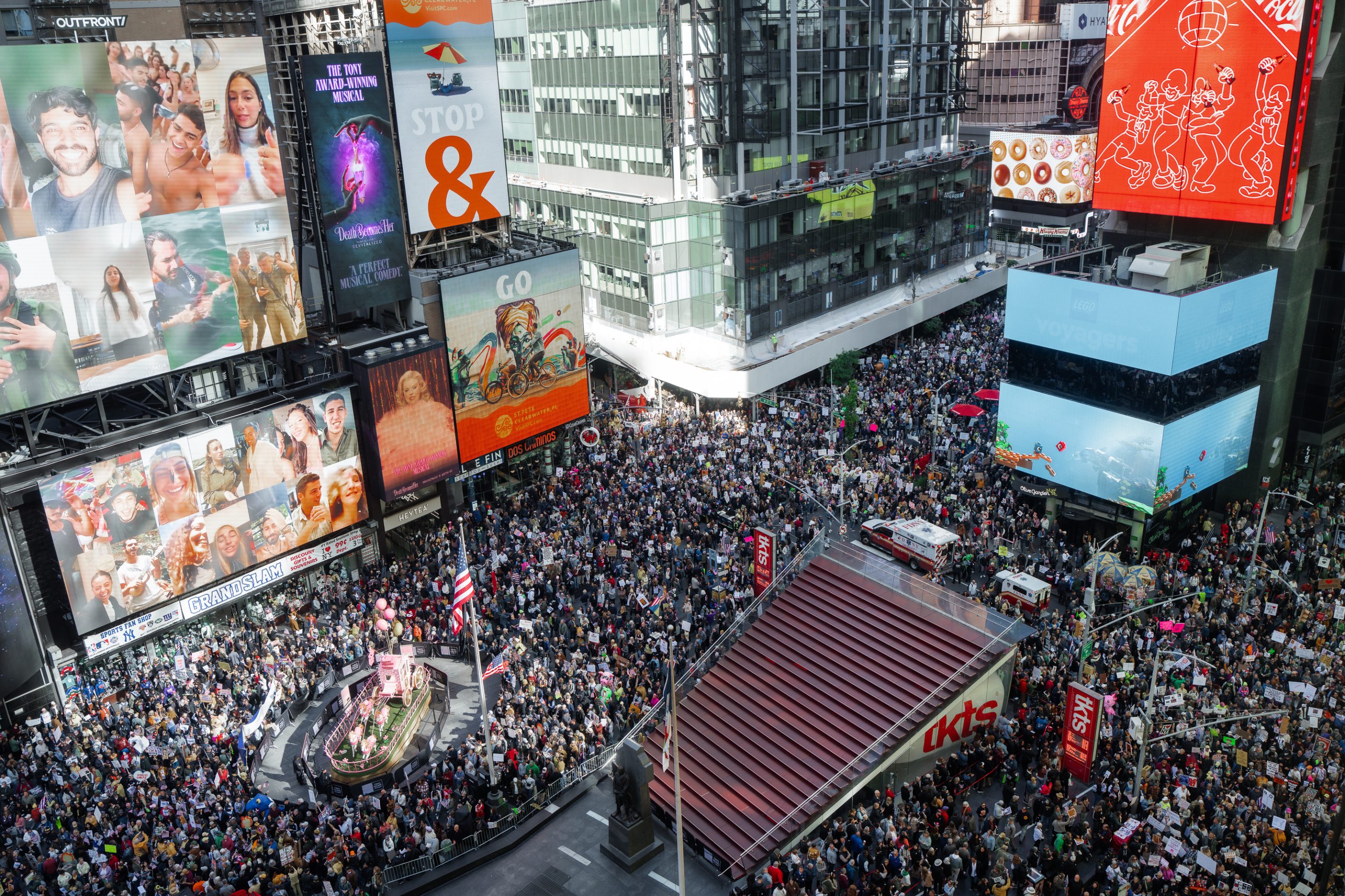 Thousands fill Times Square during a "No Kings" in New York on Saturday.
