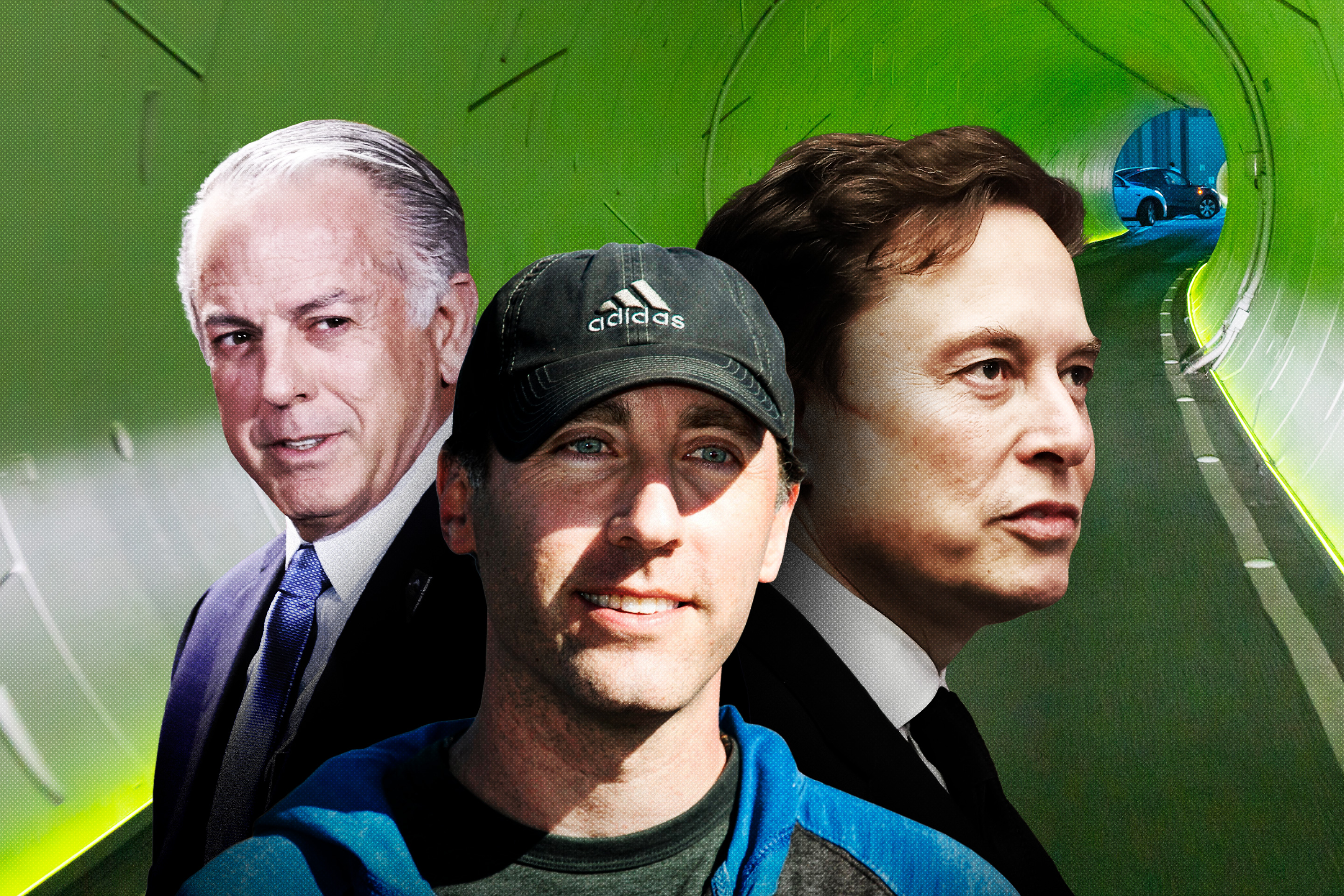 A Fortune investigation reveals that Boring Company, the tunneling startup founded by Elon Musk (right), was able to skirt aggressive penalties after its president, Steve Davis (center), protested to some of Nevada’s politicians, including to the Office of Nevada Governor Joe Lombardo (left).