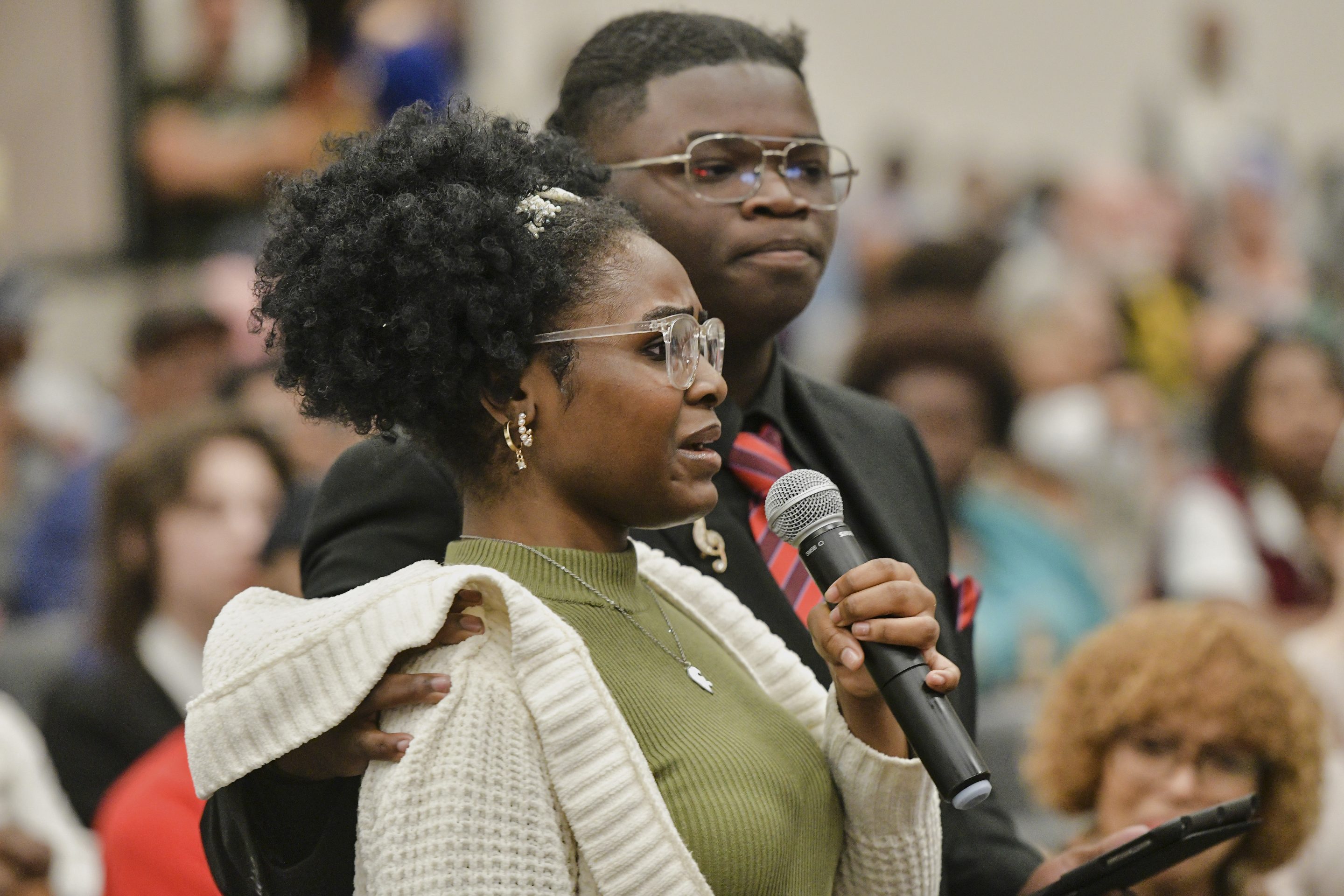 Students speak in opposition to a proposal by Elon Musk's xAI to run gas turbines at its data center in Memphis, TN, during a public comment meeting in April.