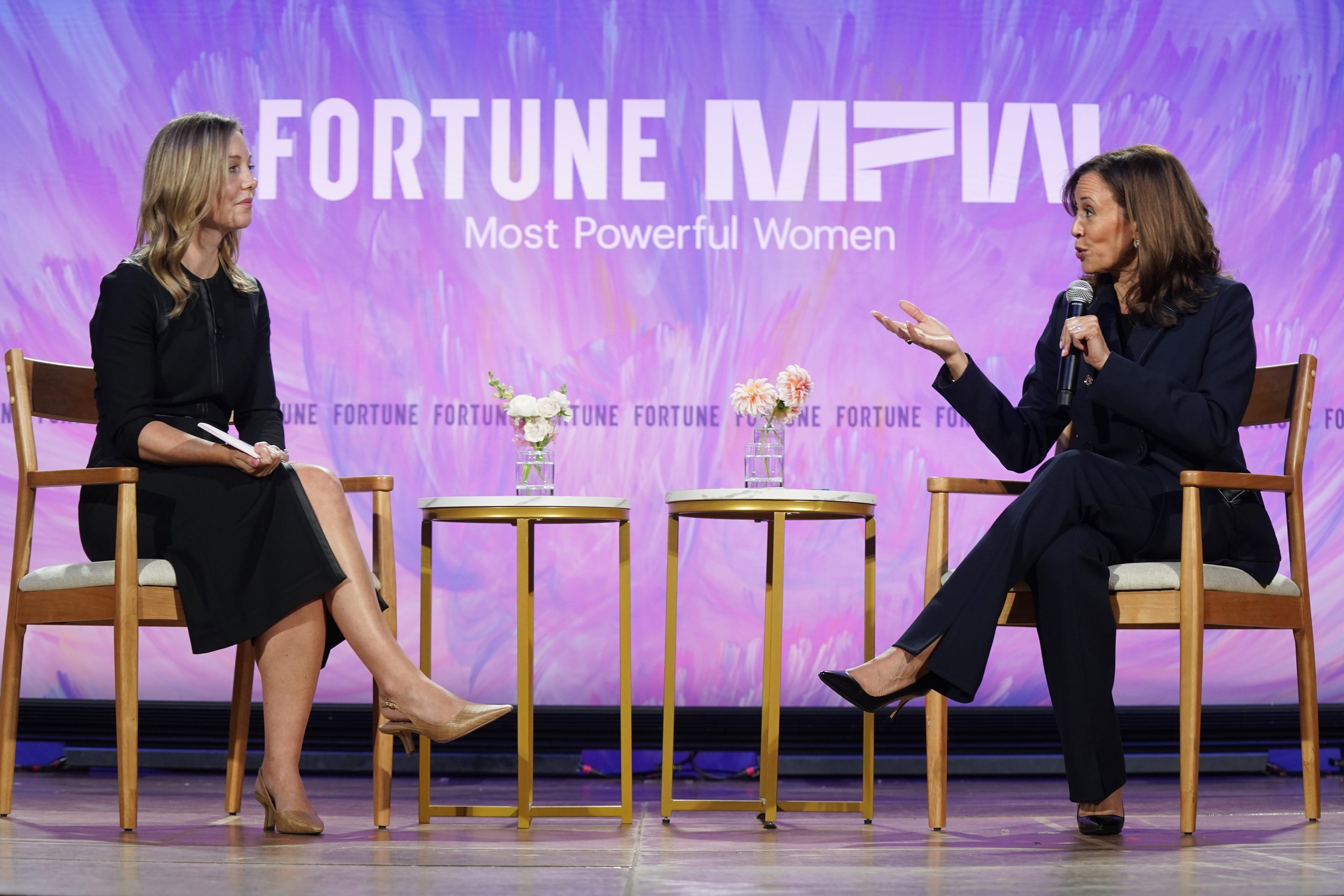Alyson Shontell, Editor-in-Chief and Chief Content Officer of Fortune, and Former U.S Vice President Kamala Harris speak onstage during the Fortune Most Powerful Women Gala 2025 at Washington National Cathedral on Oct. 14 in Washington, DC.