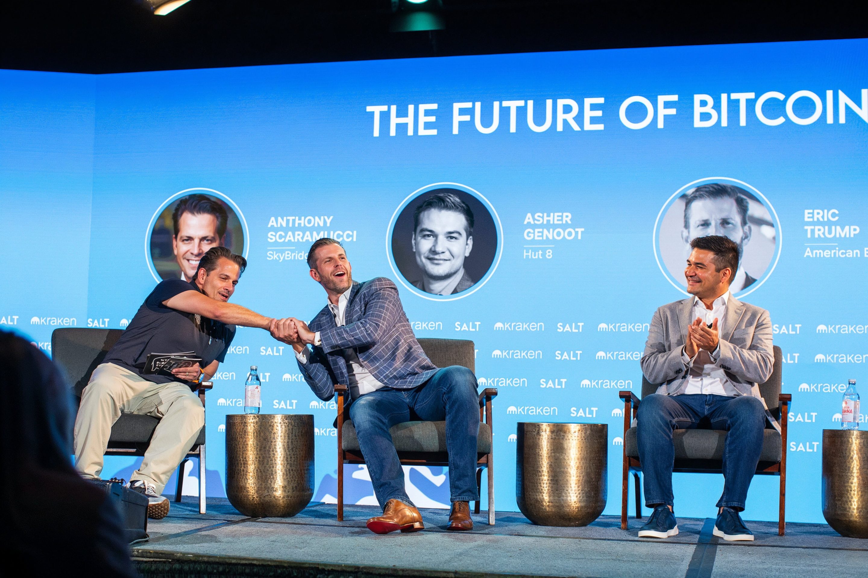 SkyBridge Capital founder Anthony Scaramucci (left) with Eric Trump (middle) and Asher Genoot, chairman of American Bitcoin.