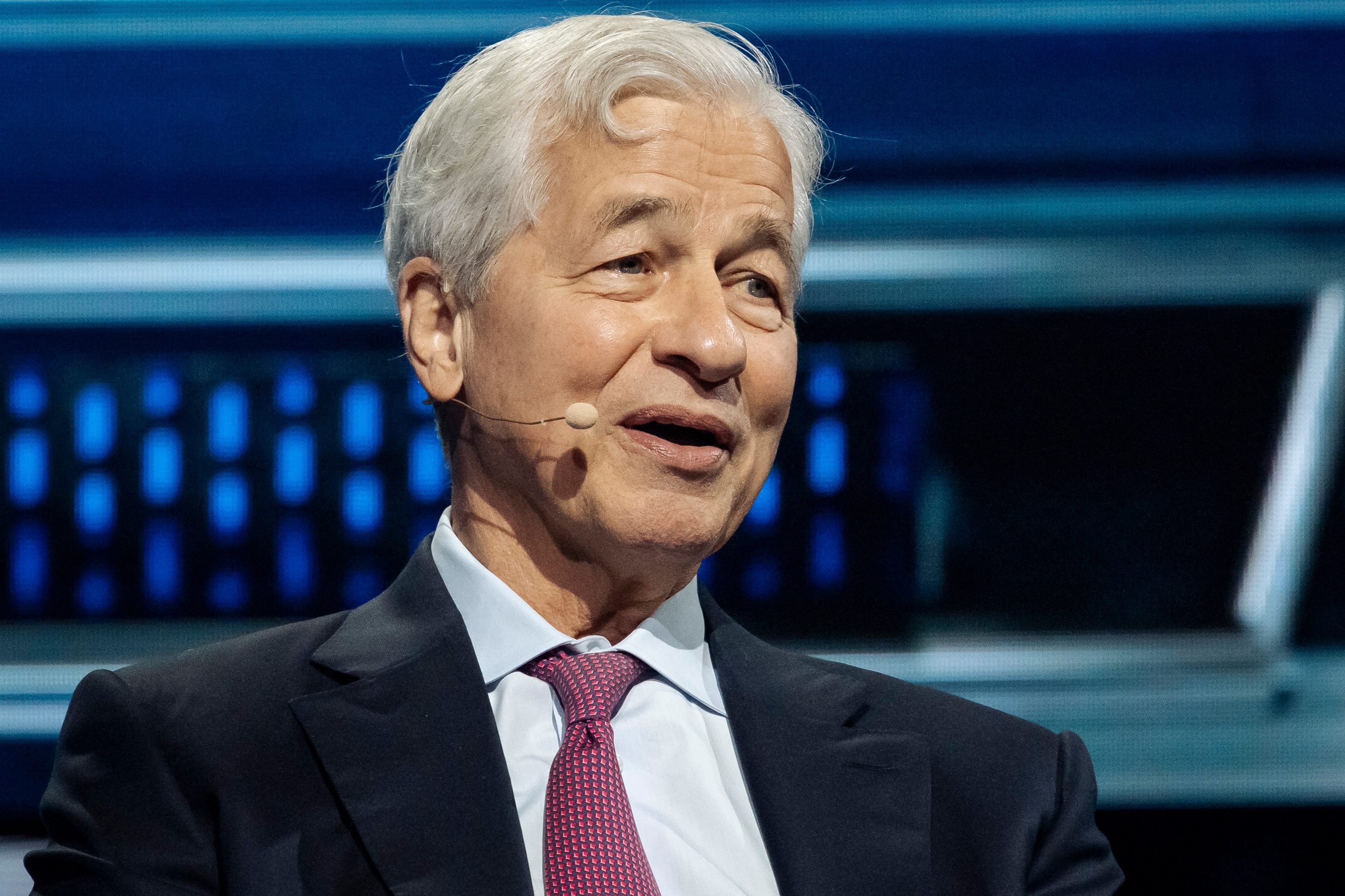 Jamie Dimon, chief executive officer of JPMorgan Chase & Co., speaks during the America Business Forum in Miami, Florida, US, on Thursday, Nov. 6, 2025.