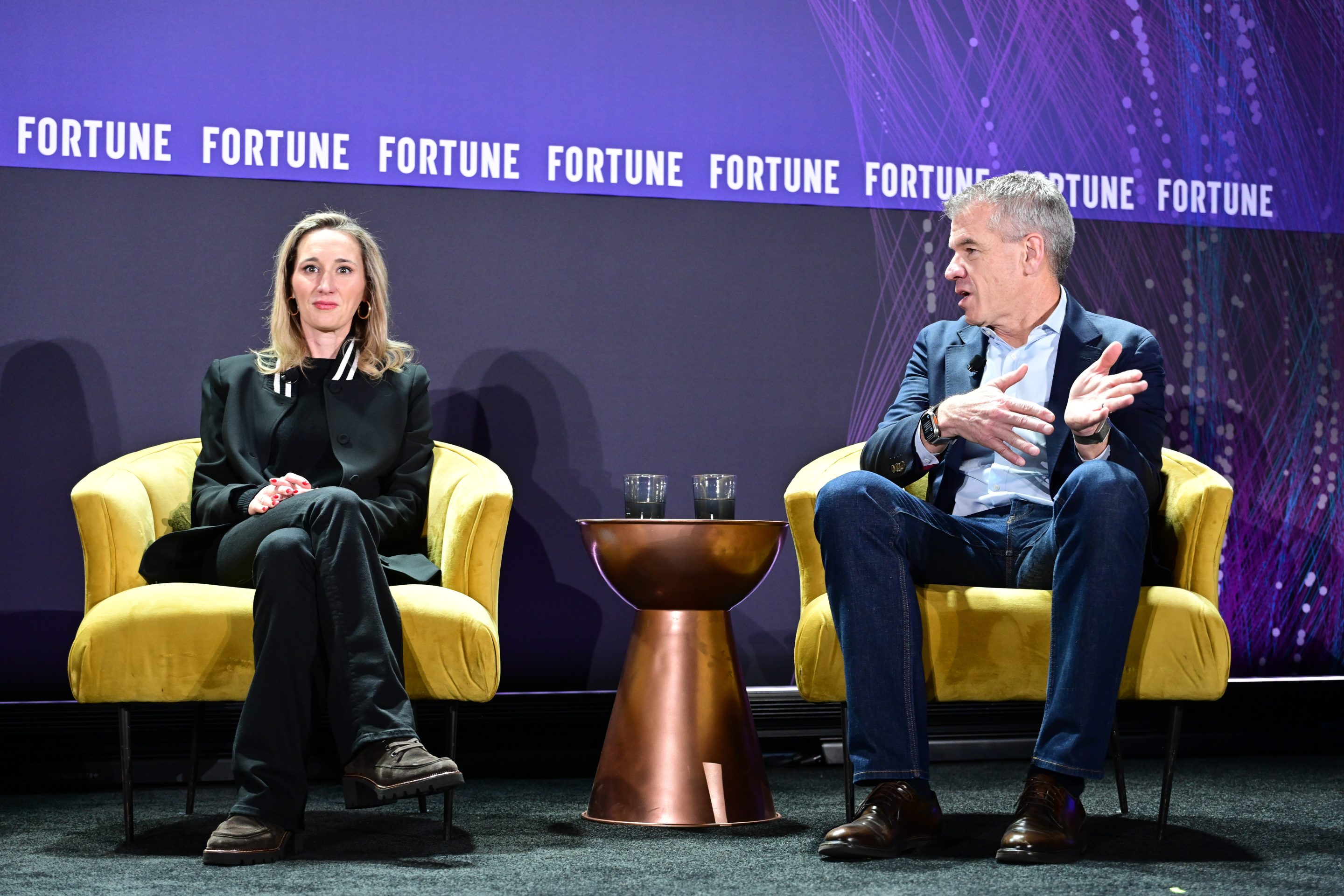 Tara Murphy Dougherty, CEO of defense software company Govini sits next to Gary Steele, CEO of Shield AI at the Fortune Brainstorm AI conference in 2025.