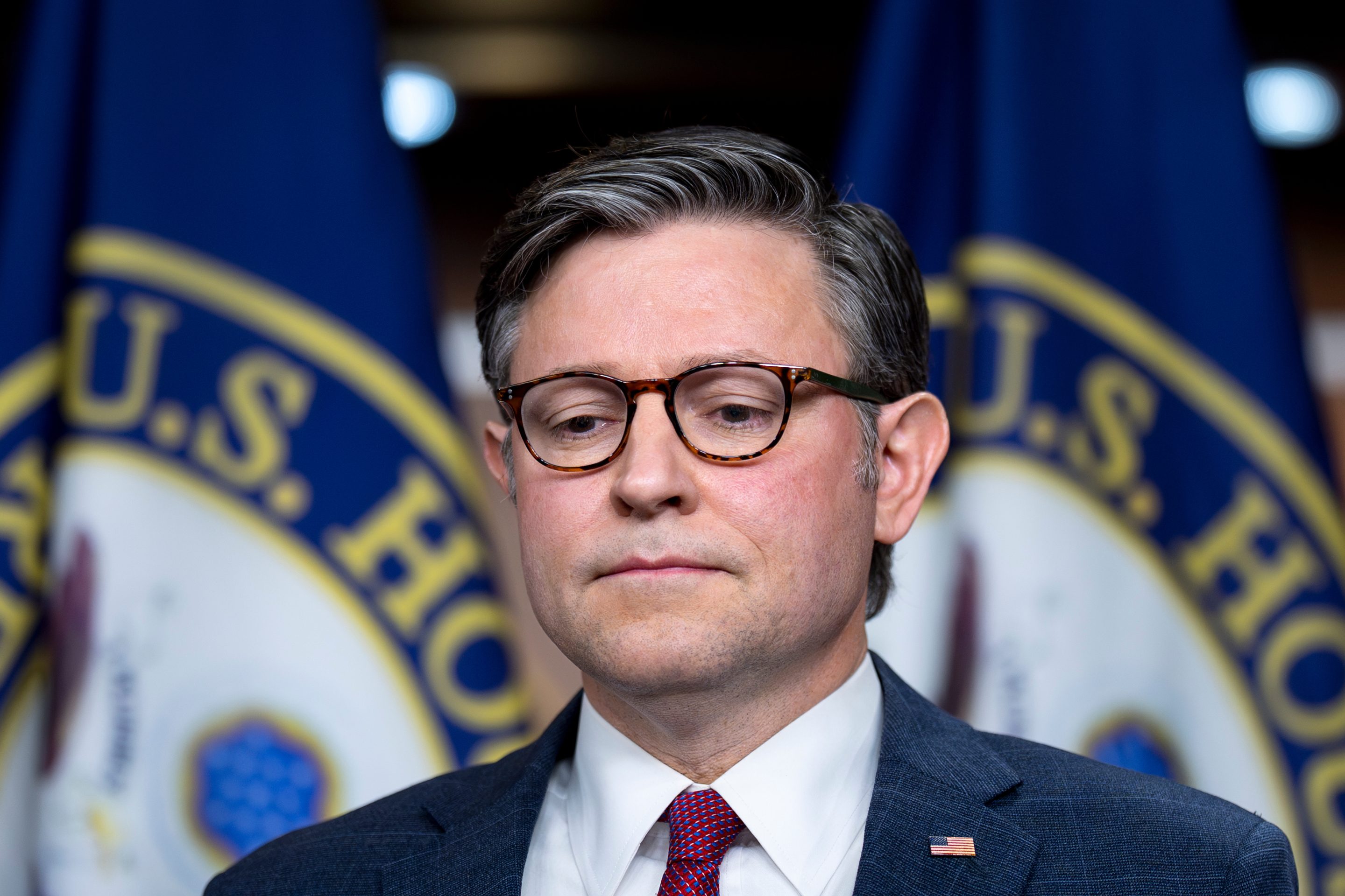 Speaker of the House Mike Johnson, R-La., prepares to speak to reporters following a strategy session with House Republicans, at the Capitol in Washington, Wednesday, Dec. 10, 2025.