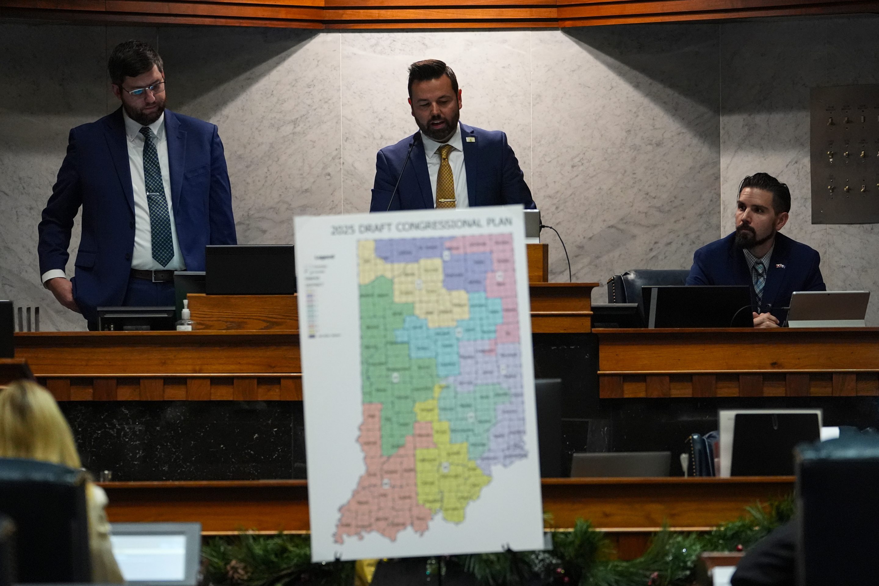 Indiana Lt. Gov. Micah Beckwith announces the results of a vote to redistrict the state's congressional map, Thursday, Dec. 11, 2025, at the Statehouse in Indianapolis.