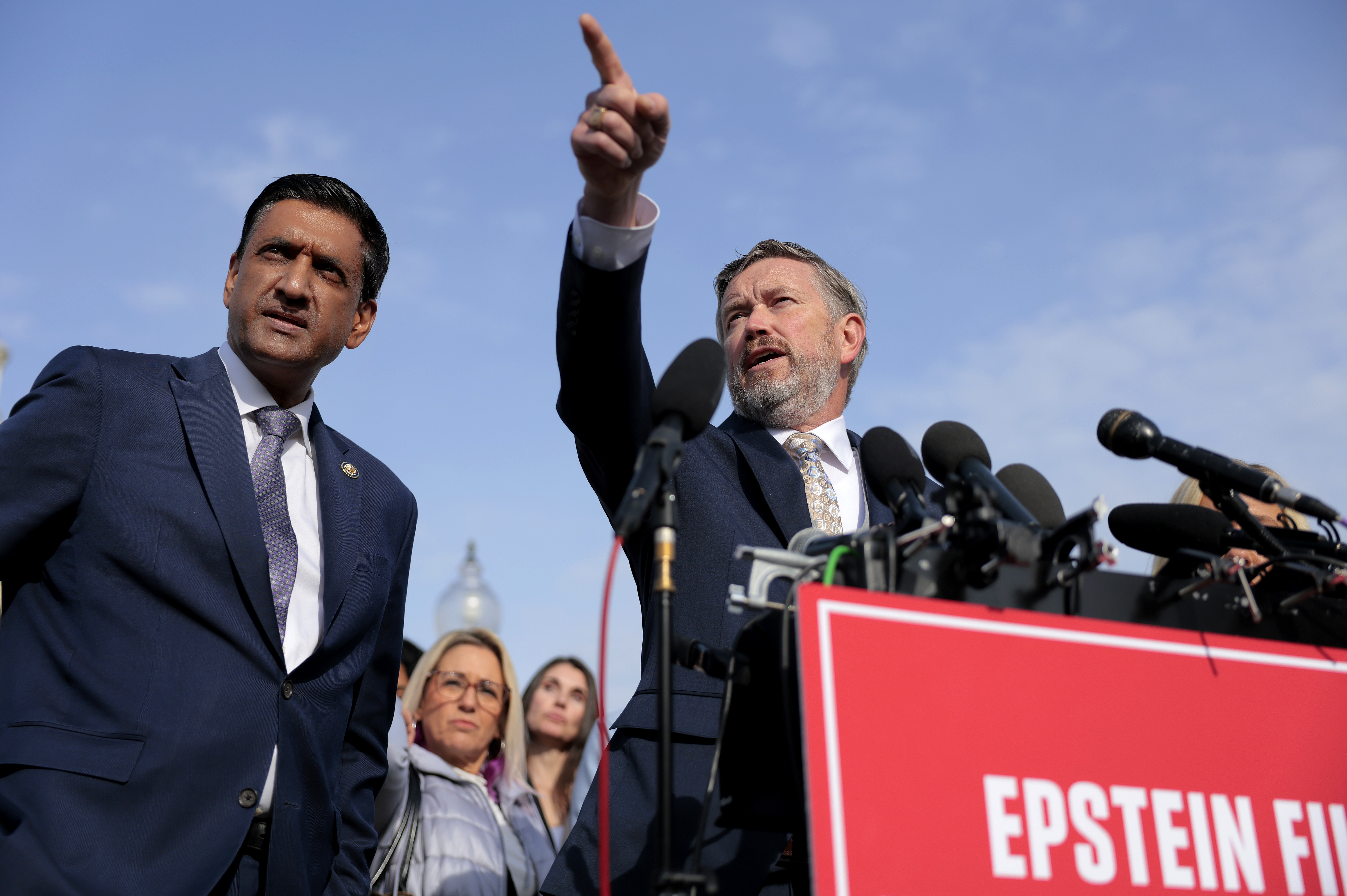 U.S. Rep. Thomas Massie (R-KY) gestures as U.S. Rep. Ro Khanna (D-CA) (L) looks on during a news conference on the Epstein Files Transparency Act outside the U.S. Capitol on November 18, 2025 in Washington, DC. 