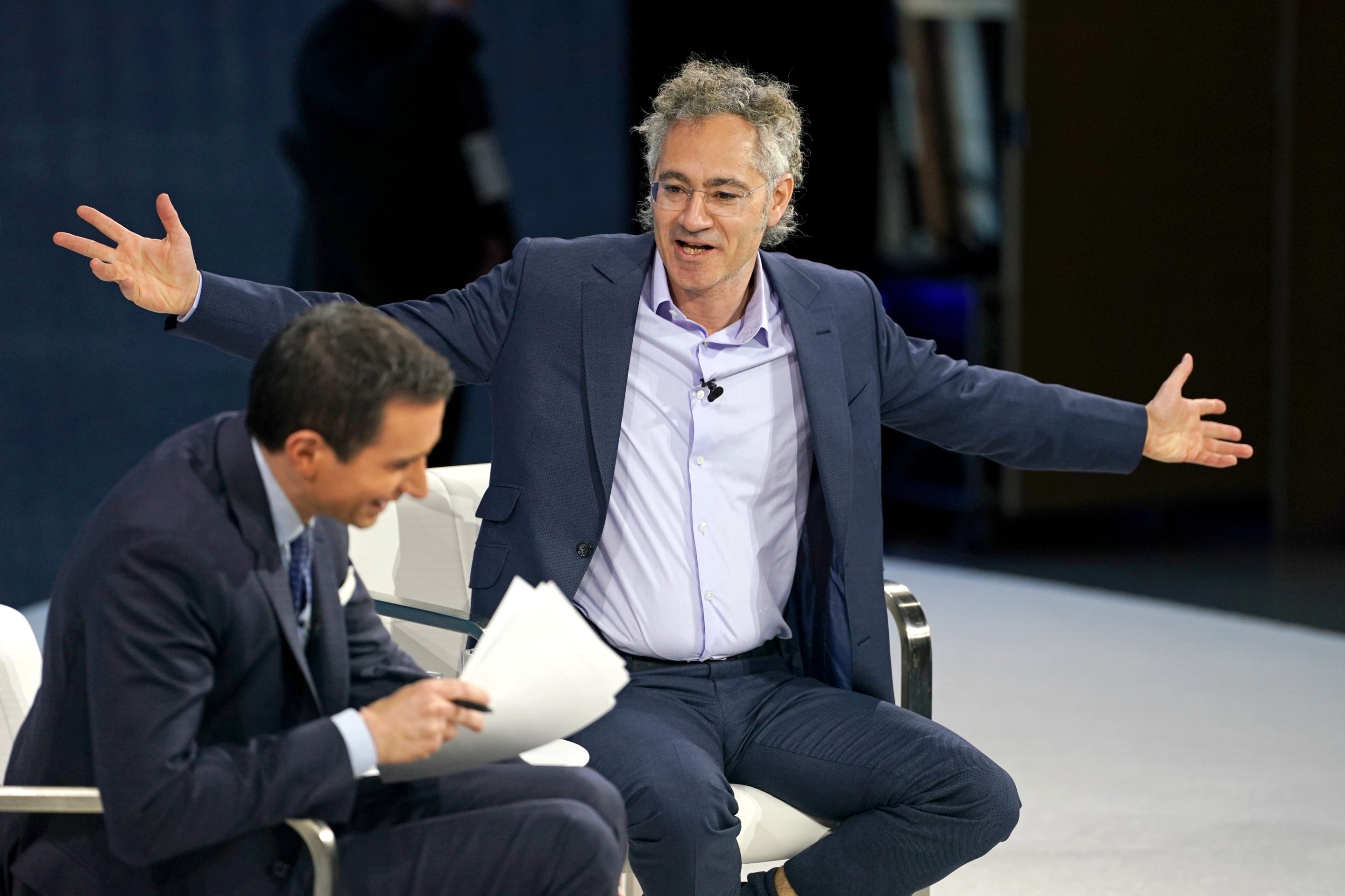 Andrew Ross Sorkin and Alex Karp speak onstage during The New York Times DealBook Summit 2025 at Jazz at Lincoln Center on December 03, 2025 in New York City.