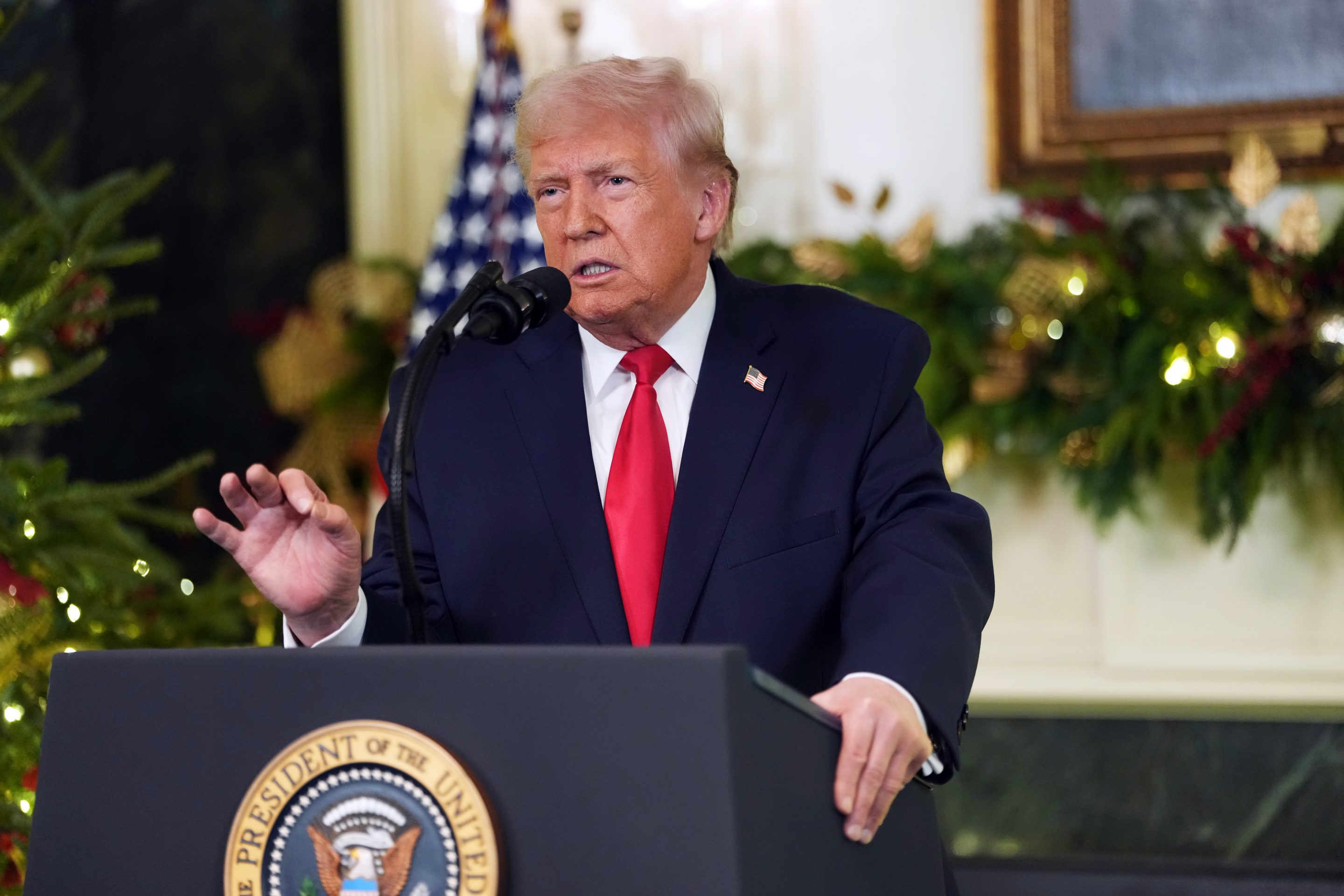 President Donald Trump addresses the nation from the Diplomatic Room of the White House on December 17, 2025 in Washington, DC.