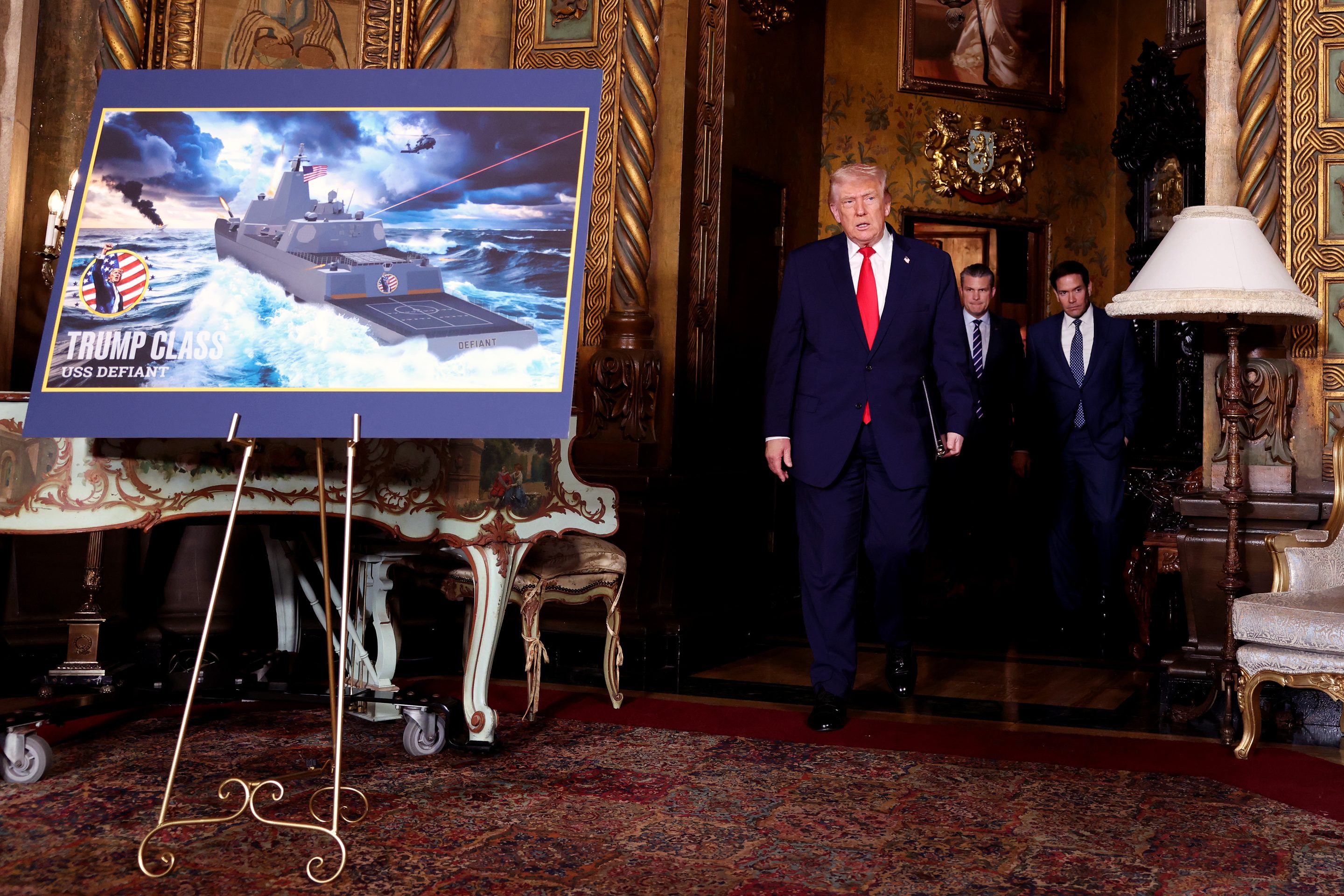 President Donald Trump, joined by Secretary of Defense Pete Hegseth and Secretary of State Marco Rubio, announces the “Trump-class” at Trump’s Mar-a-Lago estate on December 22, 2025 in Palm Beach, Florida.
