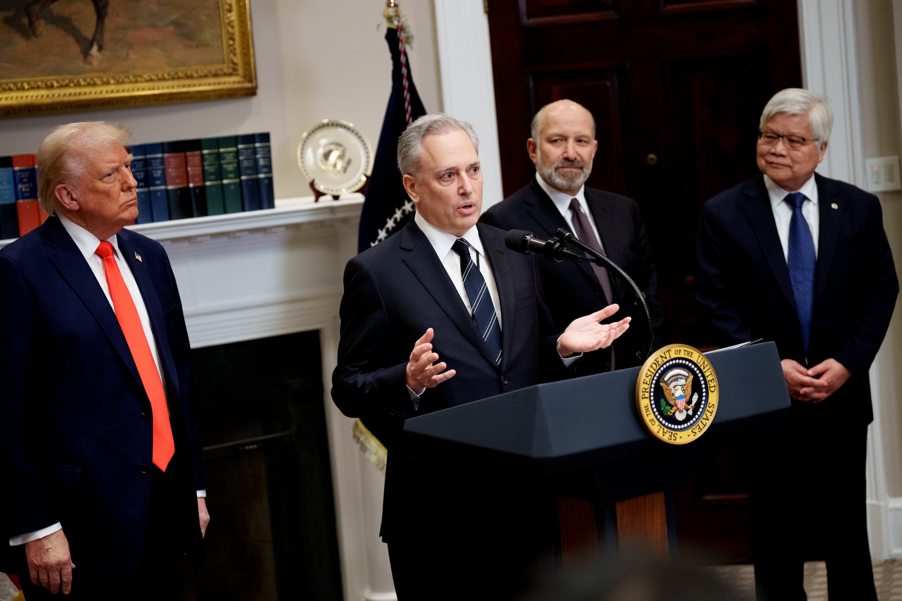 David Sacks, President Donald Trump's AI and crypto czar, speaks in the Roosevelt Room of the White House on March 3, 2025, accompanied by President Donald Trump, U.S. Commerce Secretary Howard Lutnick, and Taiwan Semiconductor Manufacturing Company CEO C.C. Wei.