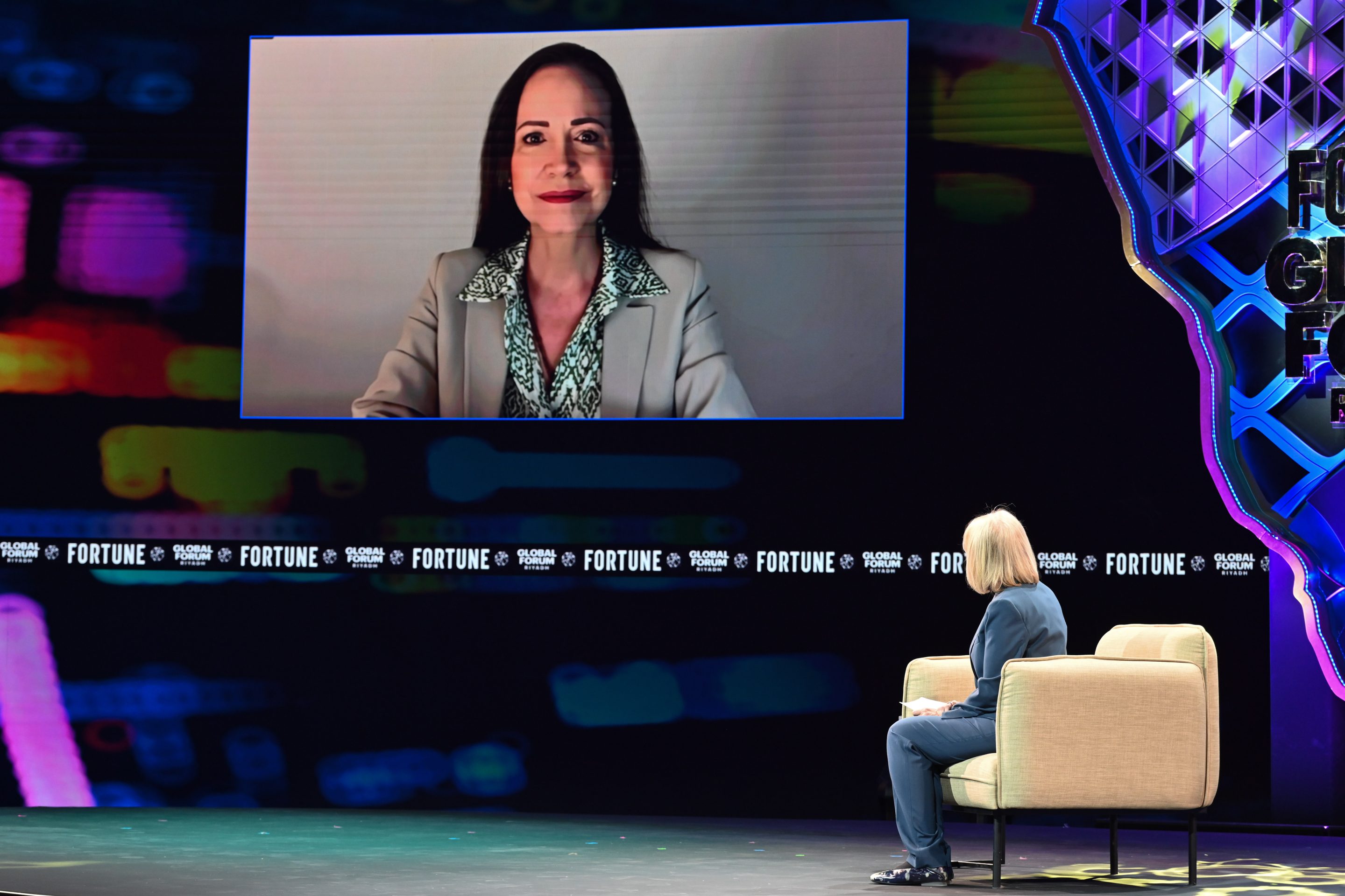 Venezuelan opposition leader María Corina Machado talked with Diane Brady at the Fortune Global Forum on Oct. 27, 2025.