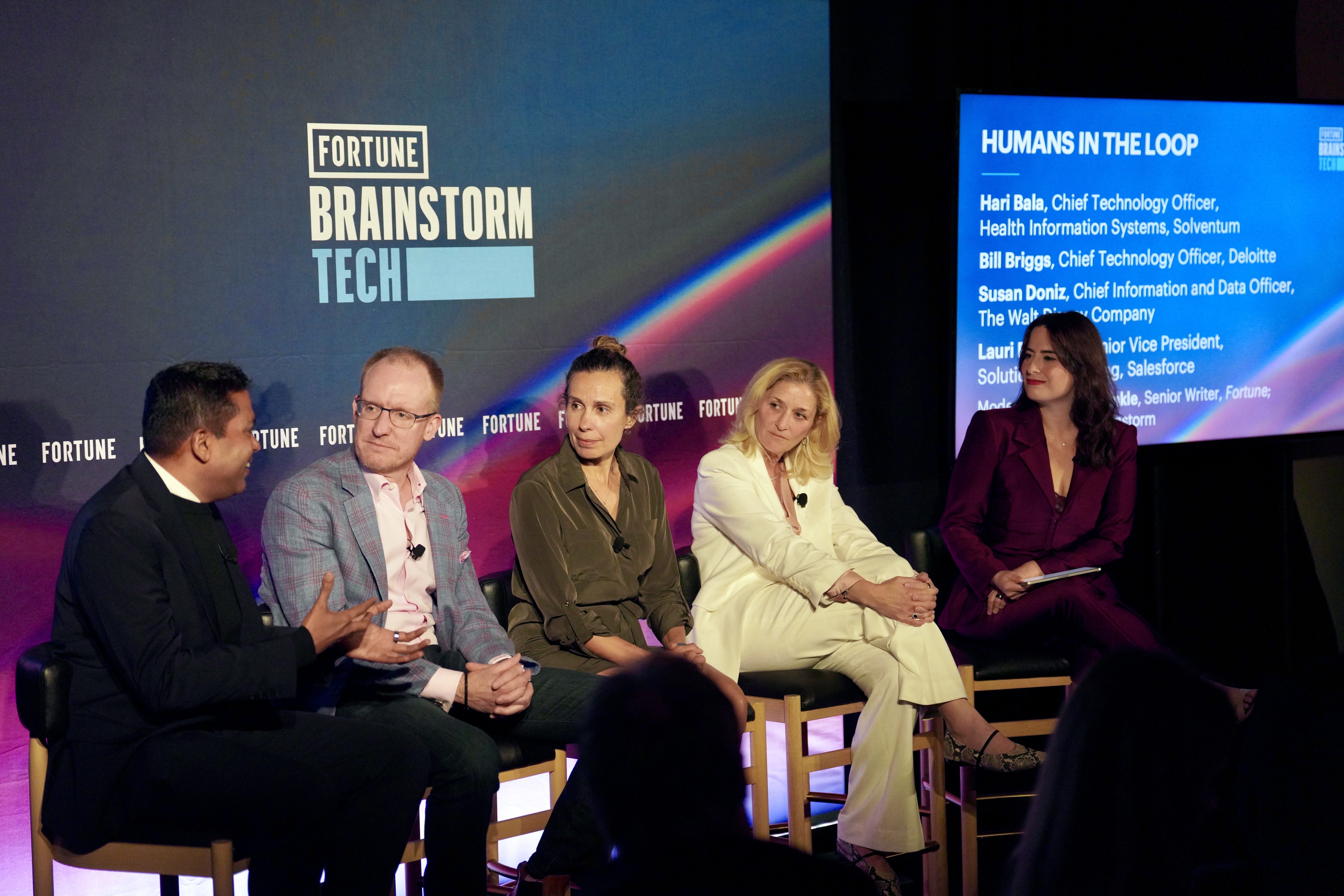 From left: Hari Bala of Solventum, Bill Briggs of Deloitte; Susan Doniz of Disney, Lauri Palmieri of Salesforce, and Allie Garfinkle of Fortune at the annual Brainstorm Tech dinner during CES in Las Vegas on Jan. 5, 2026. (Photo: Jacob Kepler/Fortune)