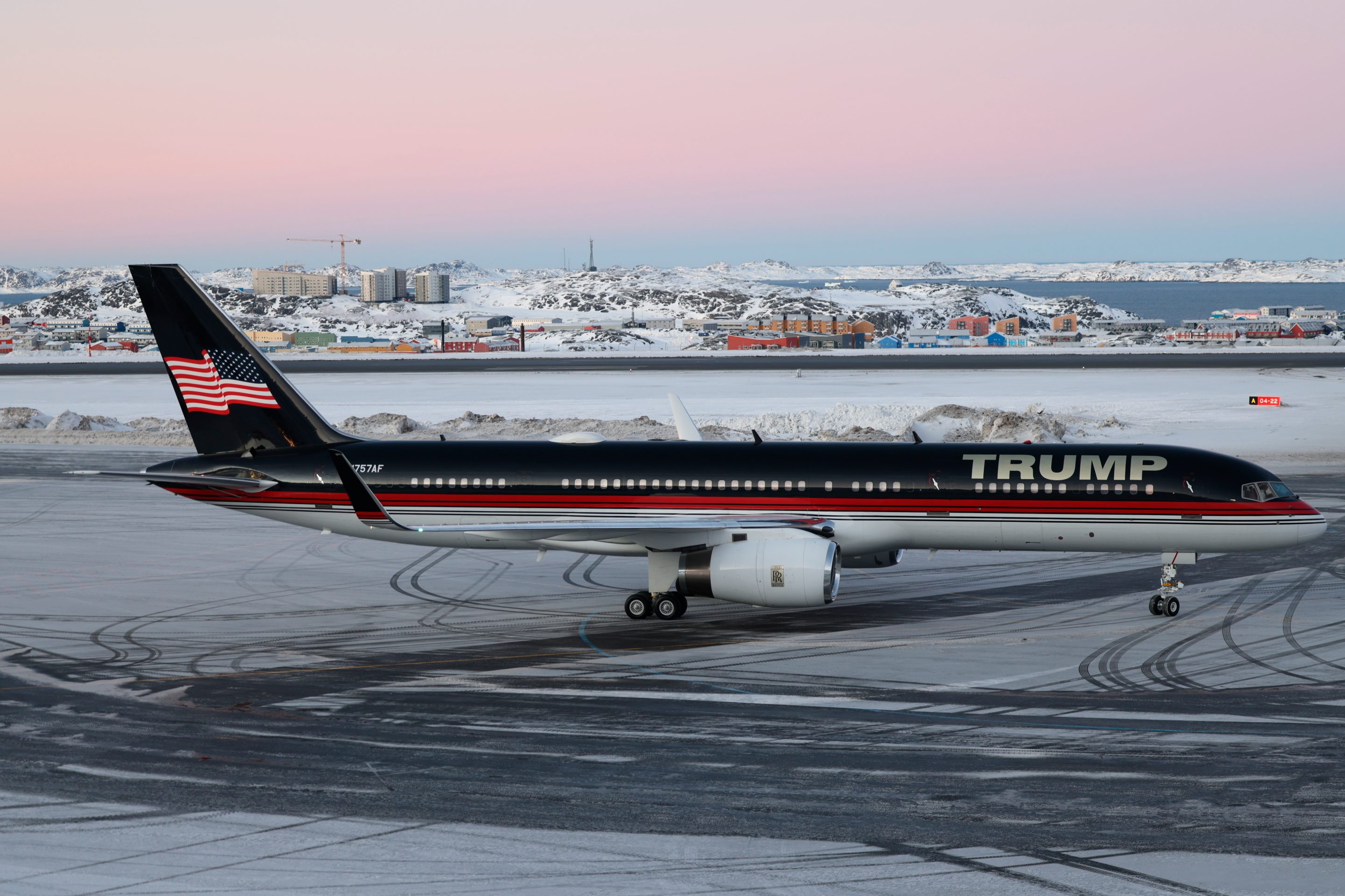 A plane carrying Donald Trump Jr. lands in Nuuk, Greenland, Jan. 7, 2025.