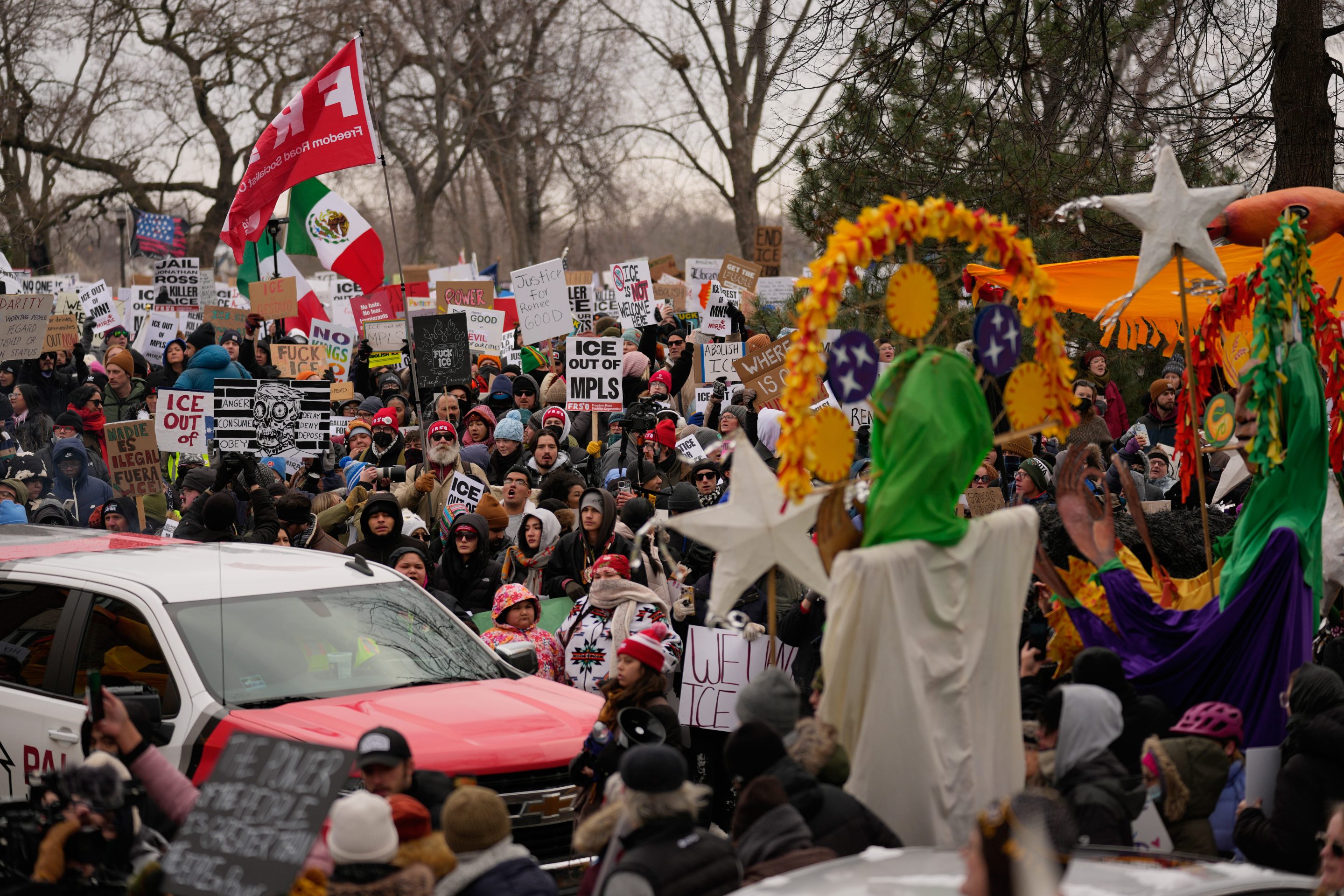 Protesters gather during a rally for Renee Good, who was fatally shot by an ICE officer earlier in the week, Saturday, Jan. 10, 2026, in Minneapolis.