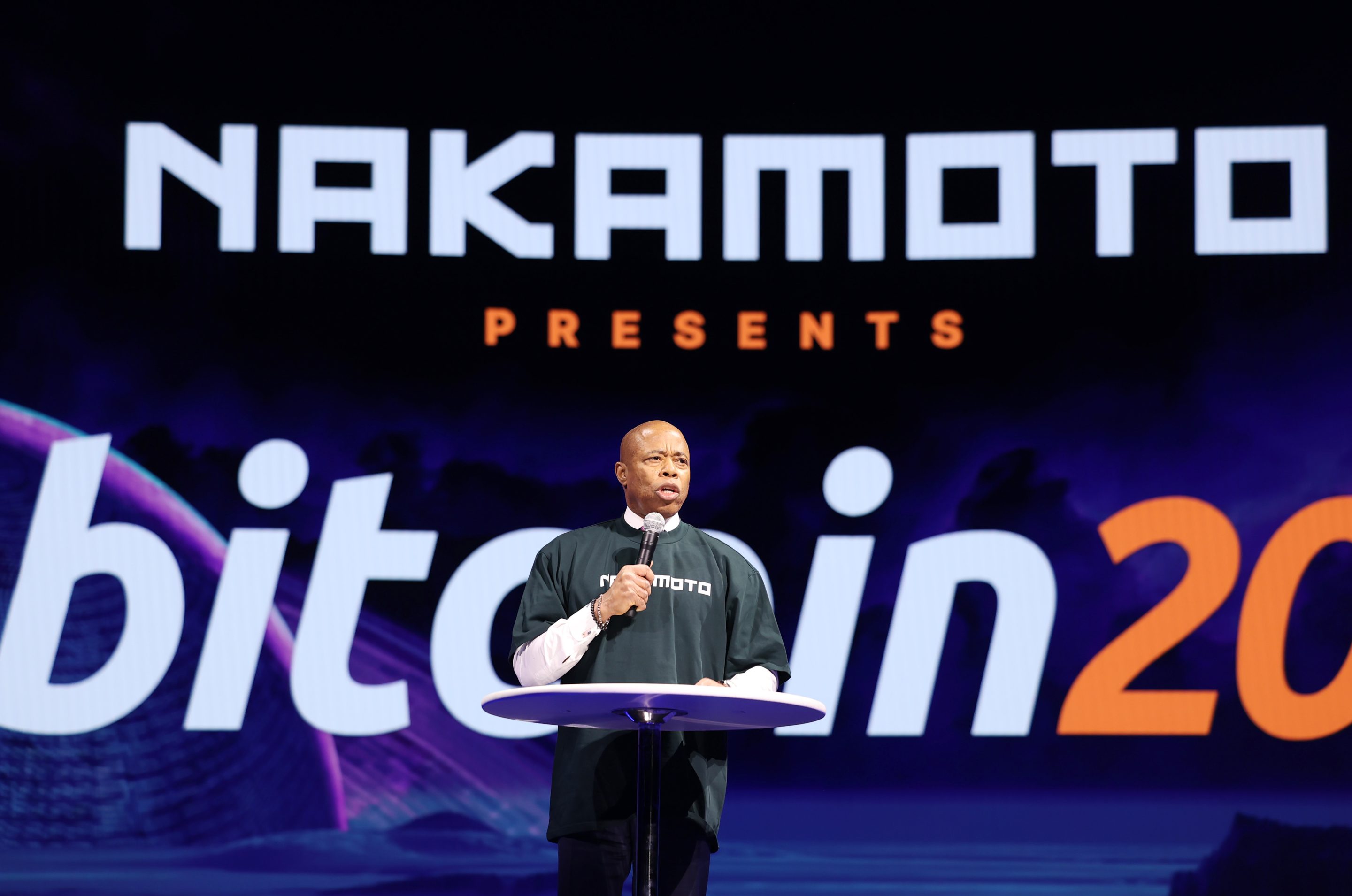 Eric Adams, former mayor of New York, speaks during the Bitcoin 2025 conference.