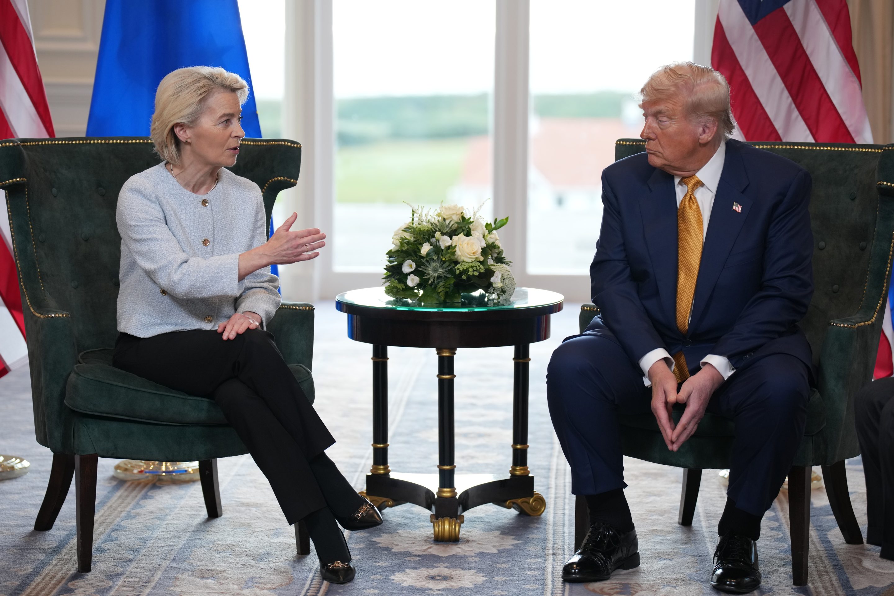 President Donald Trump and President of the European Commission Ursula von der Leyen announce a US-EU trade deal after a meeting at Trump Turnberry golf club on July 27, 2025 in Scotland.