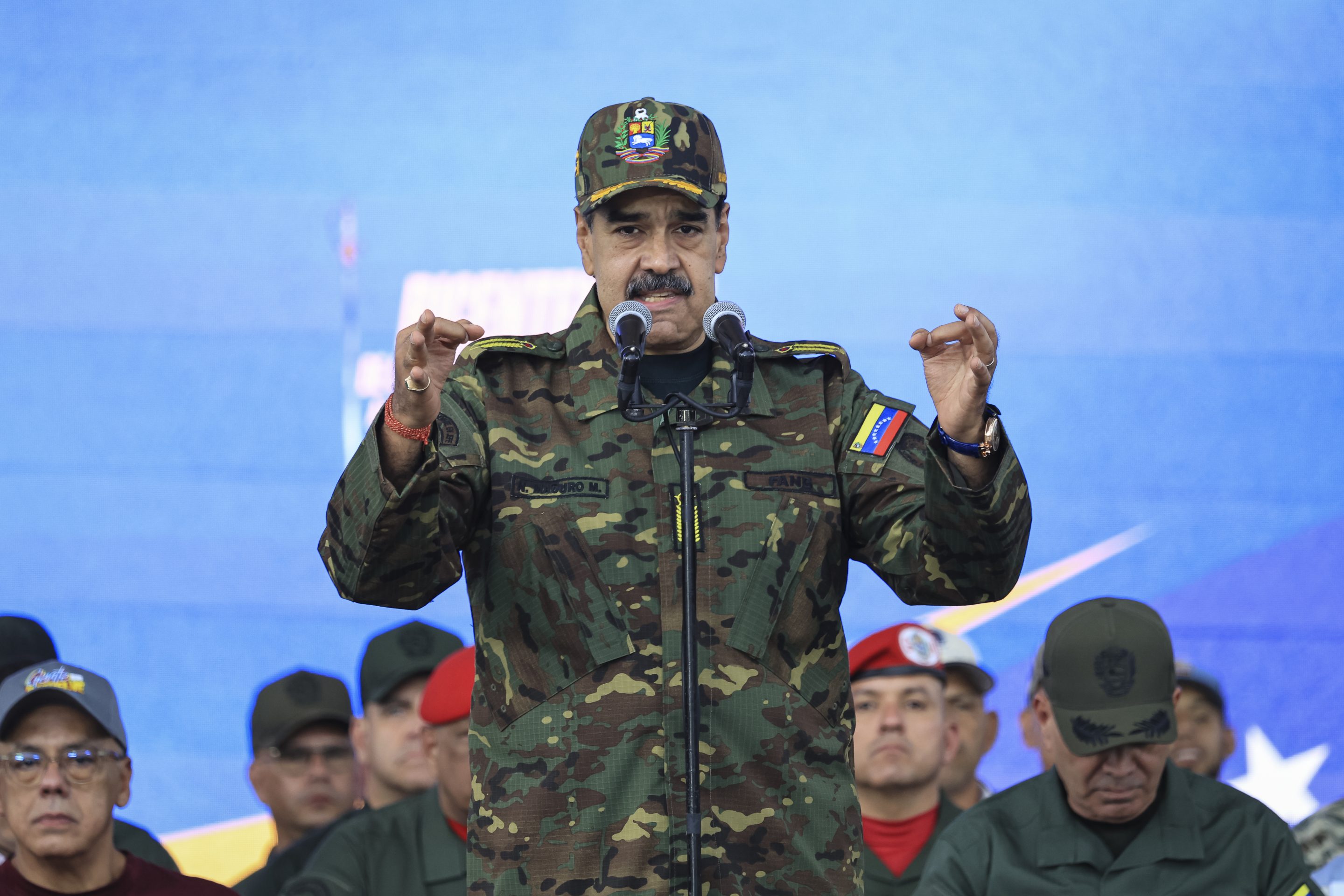 Nicolás Maduro speaks during a military ceremony commemorating the 200th anniversary of the presentation of the 'Sword of Peru' to Venezuelan independence hero Simón Bolívar on November 25, 2025, in Caracas, Venezuela. 