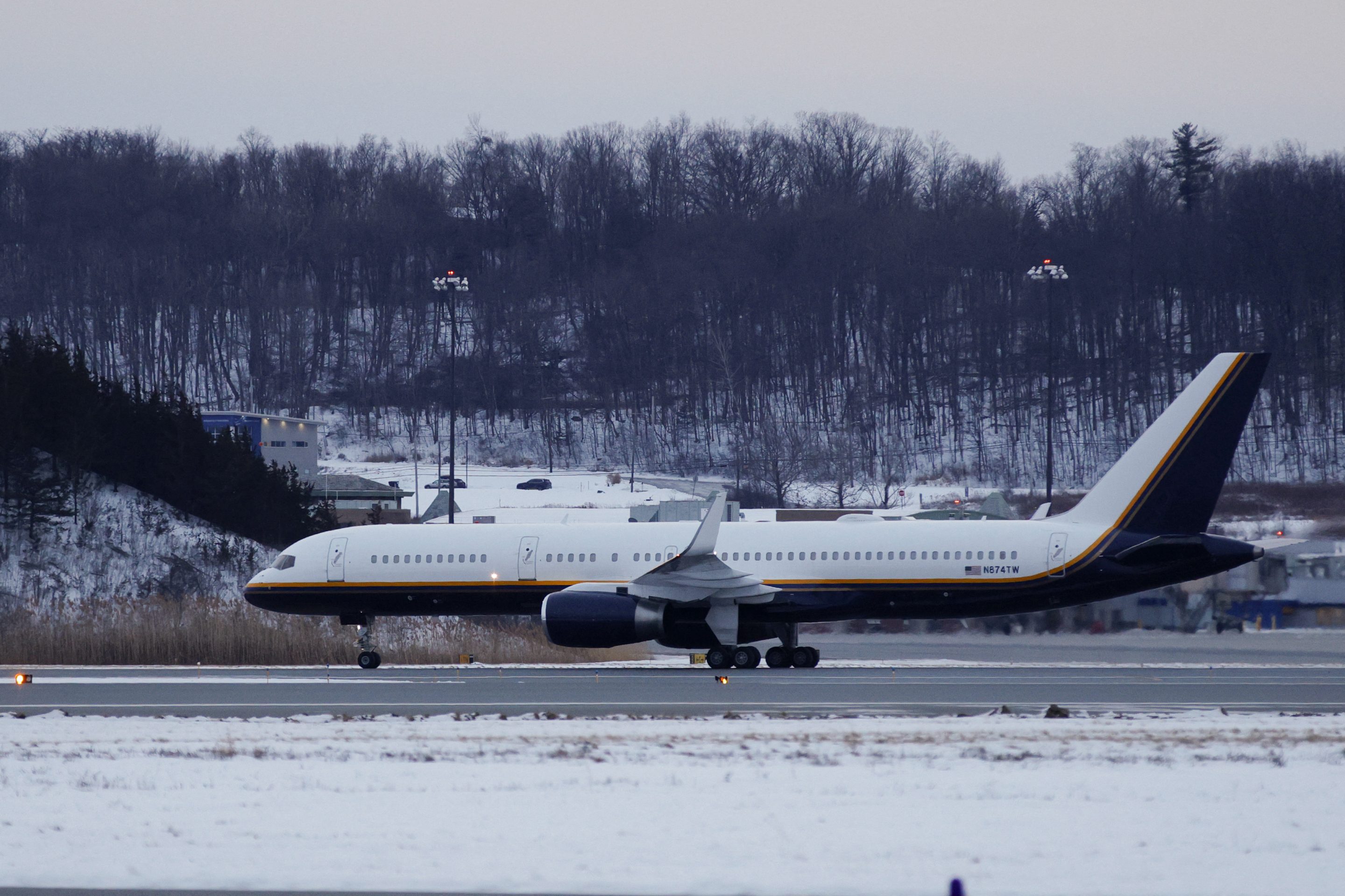 A plane allegedly carrying ousted Venezuelan president Nicolas Maduro taxis at Stewart Air National Guard Base in Newburgh, New York, on January 3, 2026.