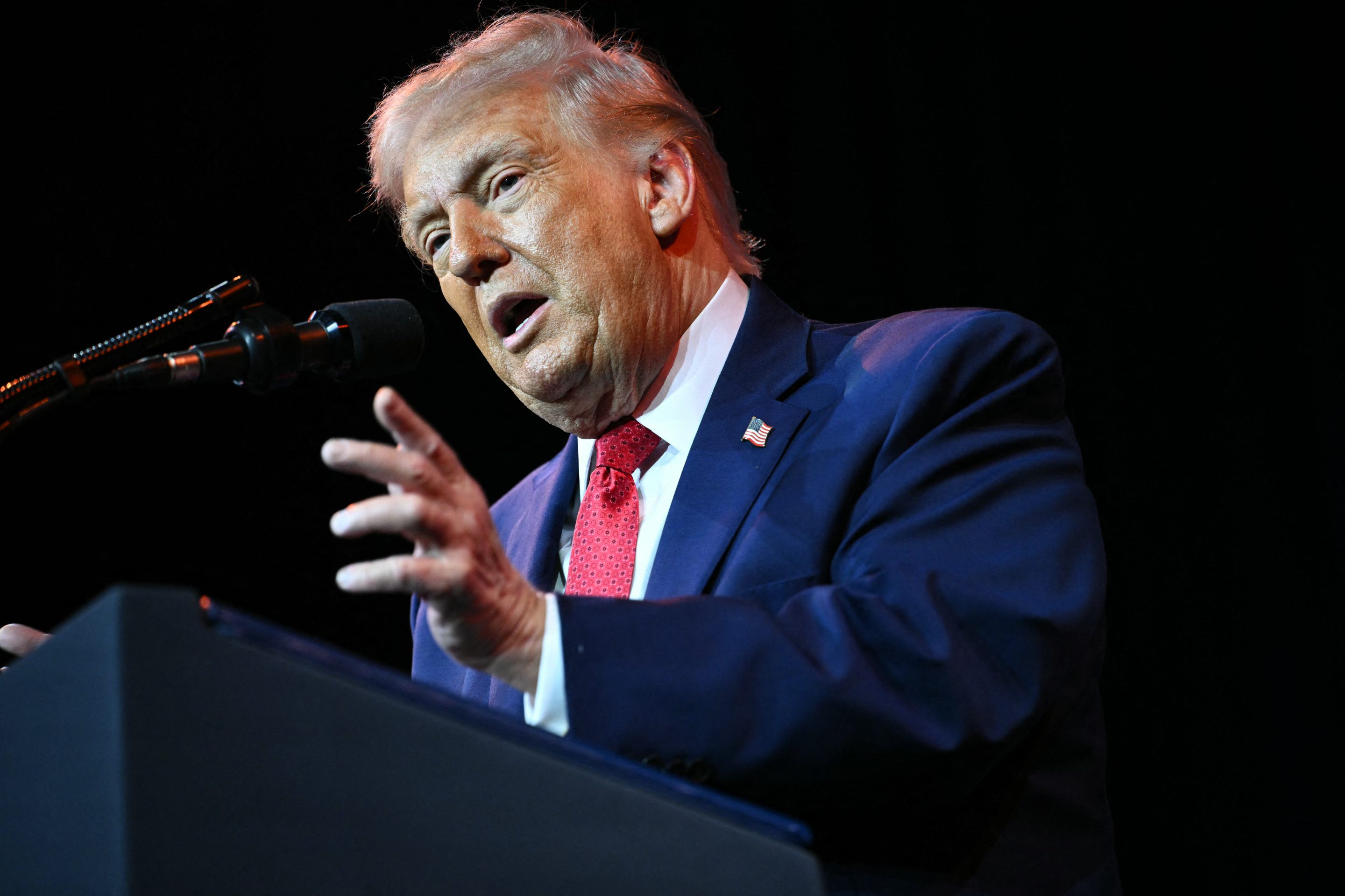 Donald Trump speaks into a microphone