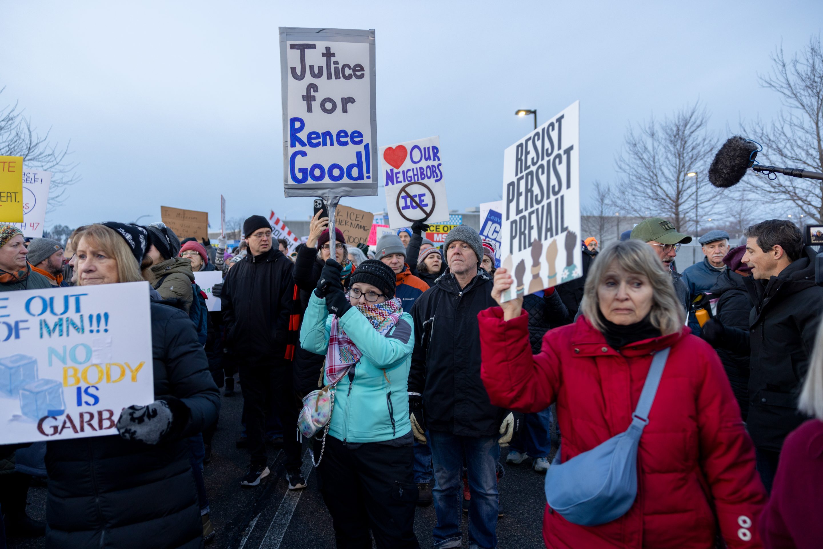 Demonstrators outside the Bishop Henry Whipple Federal Building in St. Paul, Minnesota, US, on Thursday, Jan. 8, 2026.