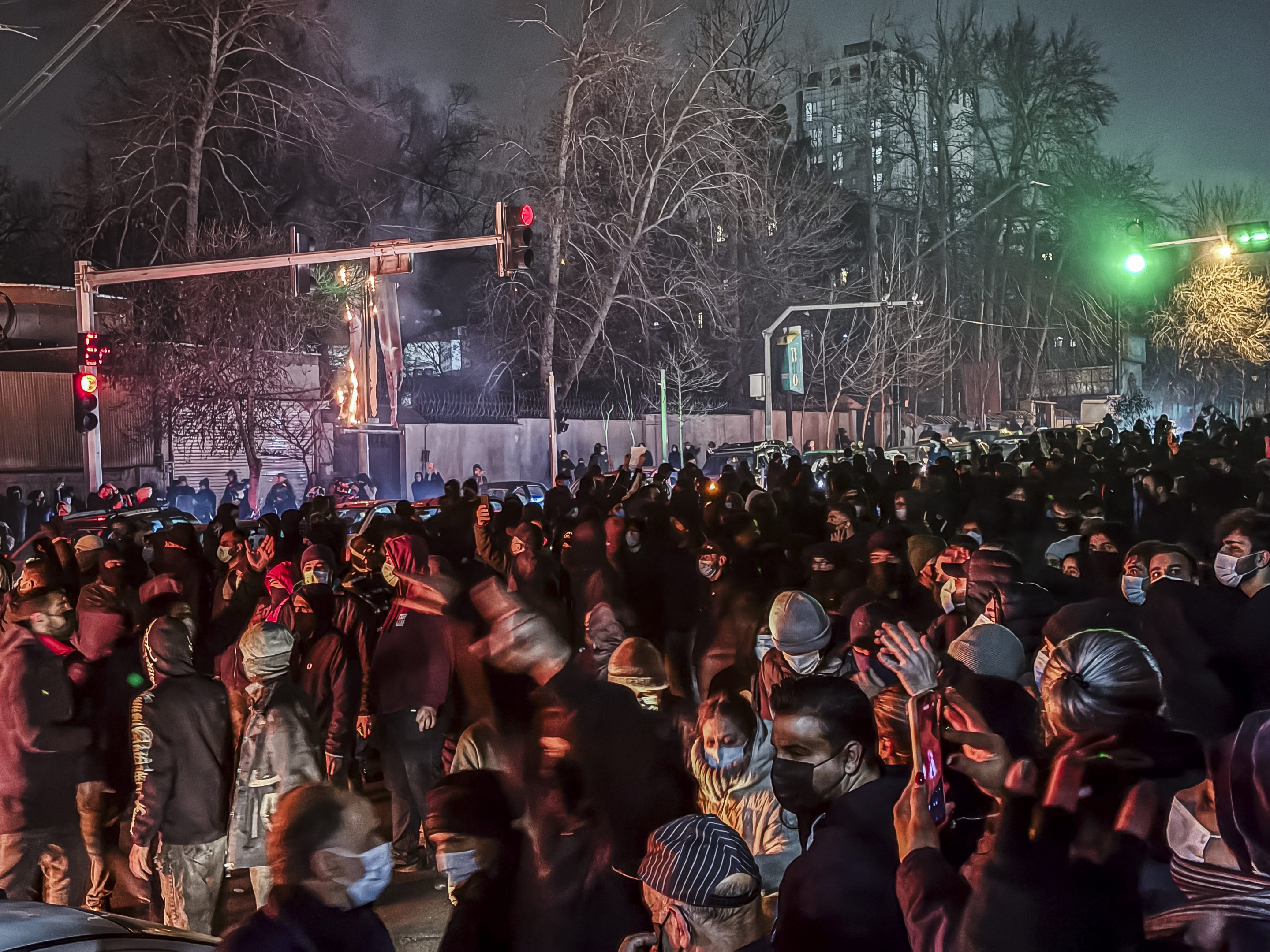 Iranians gather while blocking a street during a protest in Tehran, Iran on January 9, 2026.