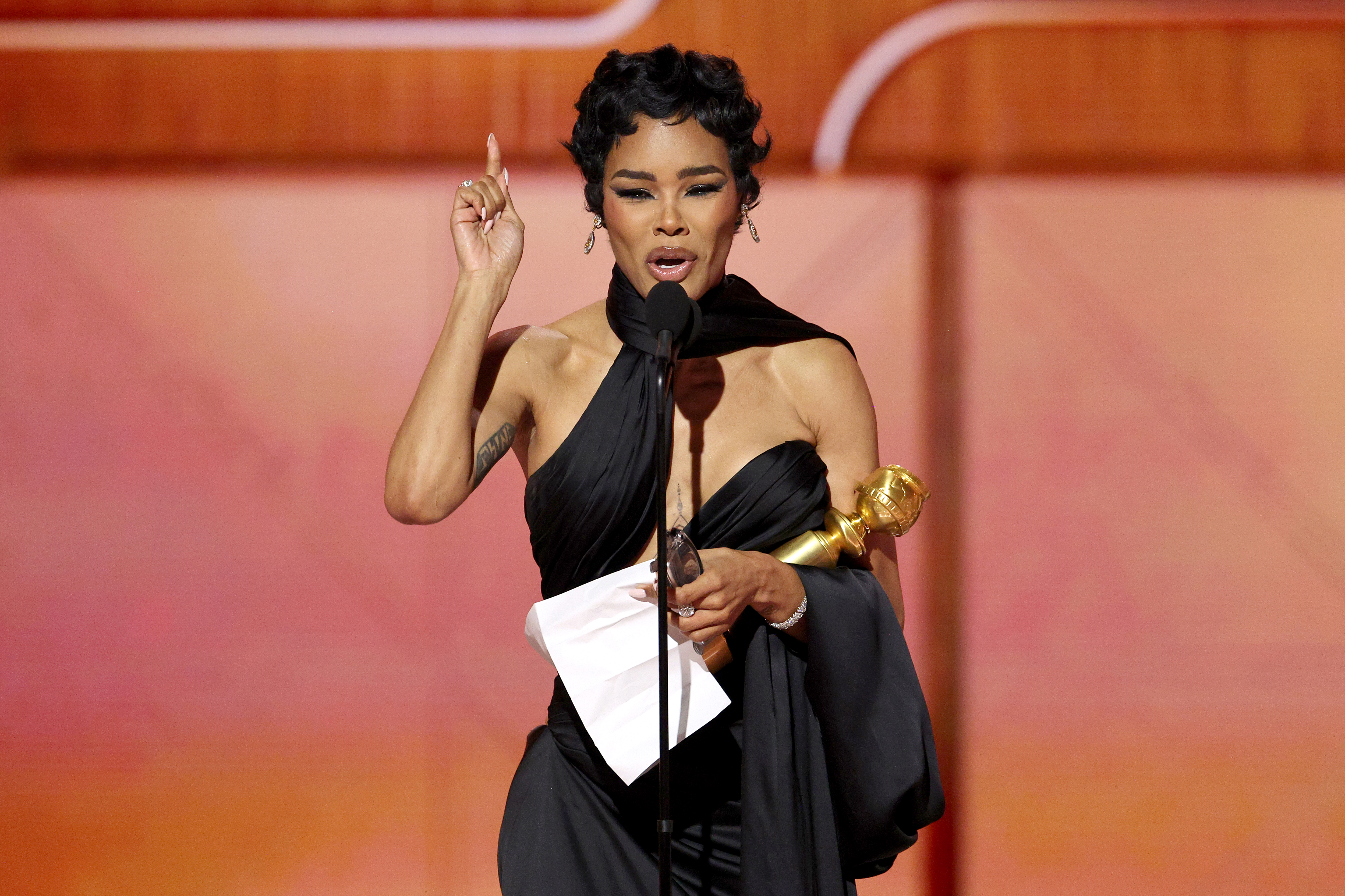 Teyana Taylor, winner of the Best Performance by a Female Actor in a Supporting Role in Any Motion Picture for "One Battle After Another," speaks onstage during the 83rd Annual Golden Globe Awards at The Beverly Hilton on January 11, 2026 in Beverly Hills, California. (Photo by Kevork Djansezian/CBS via Getty Images)