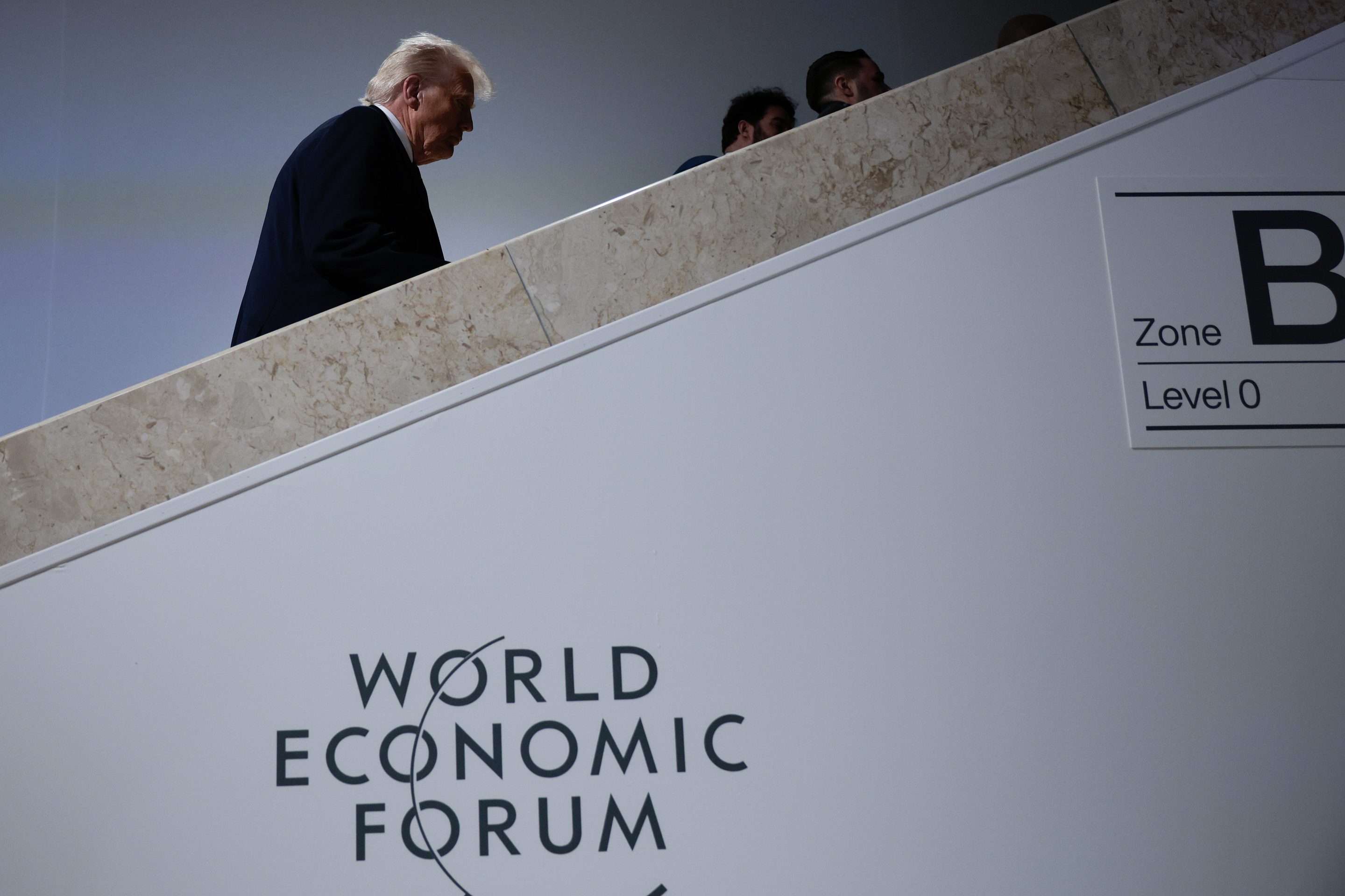 President Donald Trump heads to more bilateral meetings following a signing ceremony for the “Board of Peace” at the World Economic Forum on January 22, 2026 in Davos, Switzerland.