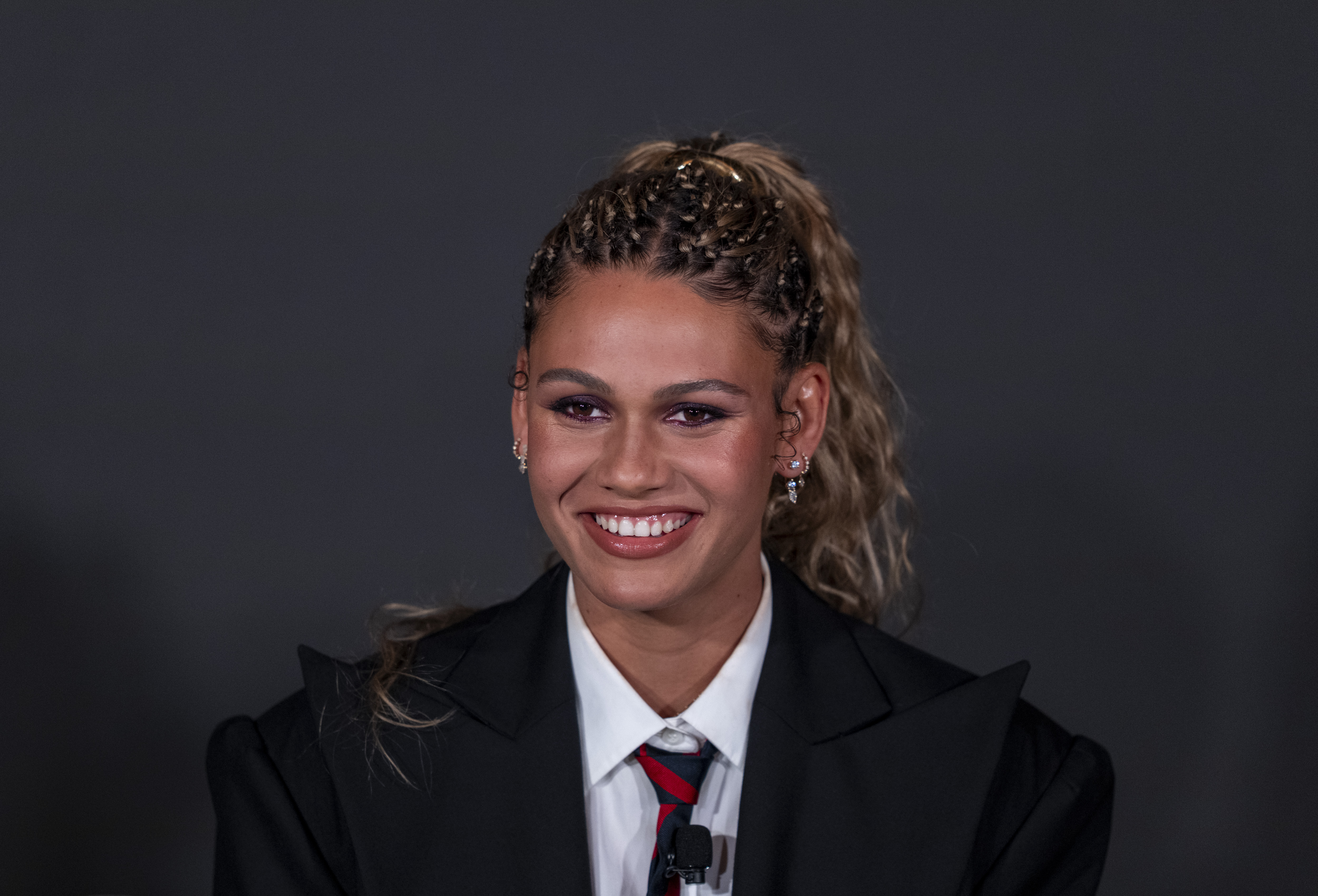 rinity Rodman of the United States announces her re-signing with her club team, the Washington Spirit, during a press conference at BMO Stadium on January 22, 2026 in Los Angeles , California. (Photo by