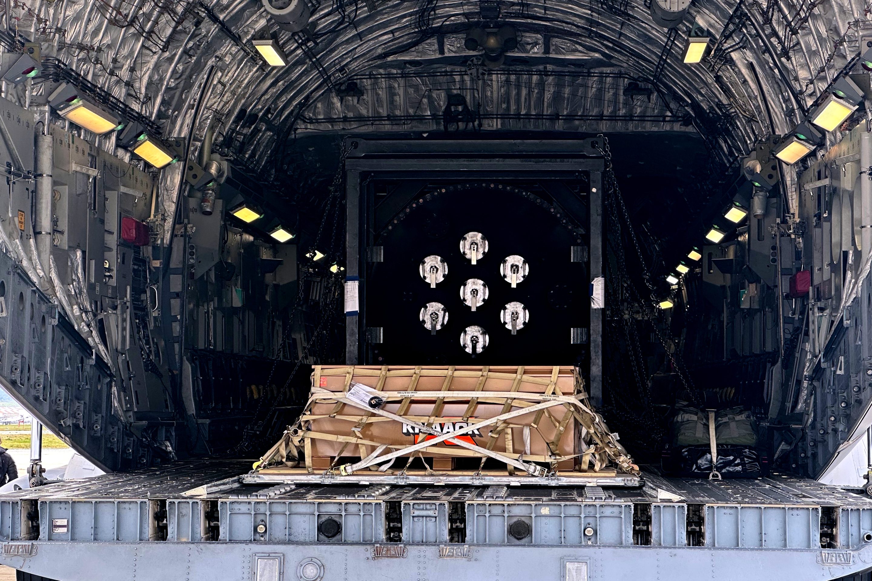 A Valar Atomics microreactor is seen on a C-17 aircraft, without nuclear fuel, at March Air Reserve Base, Calif., Sunday, Feb. 15, 2026.