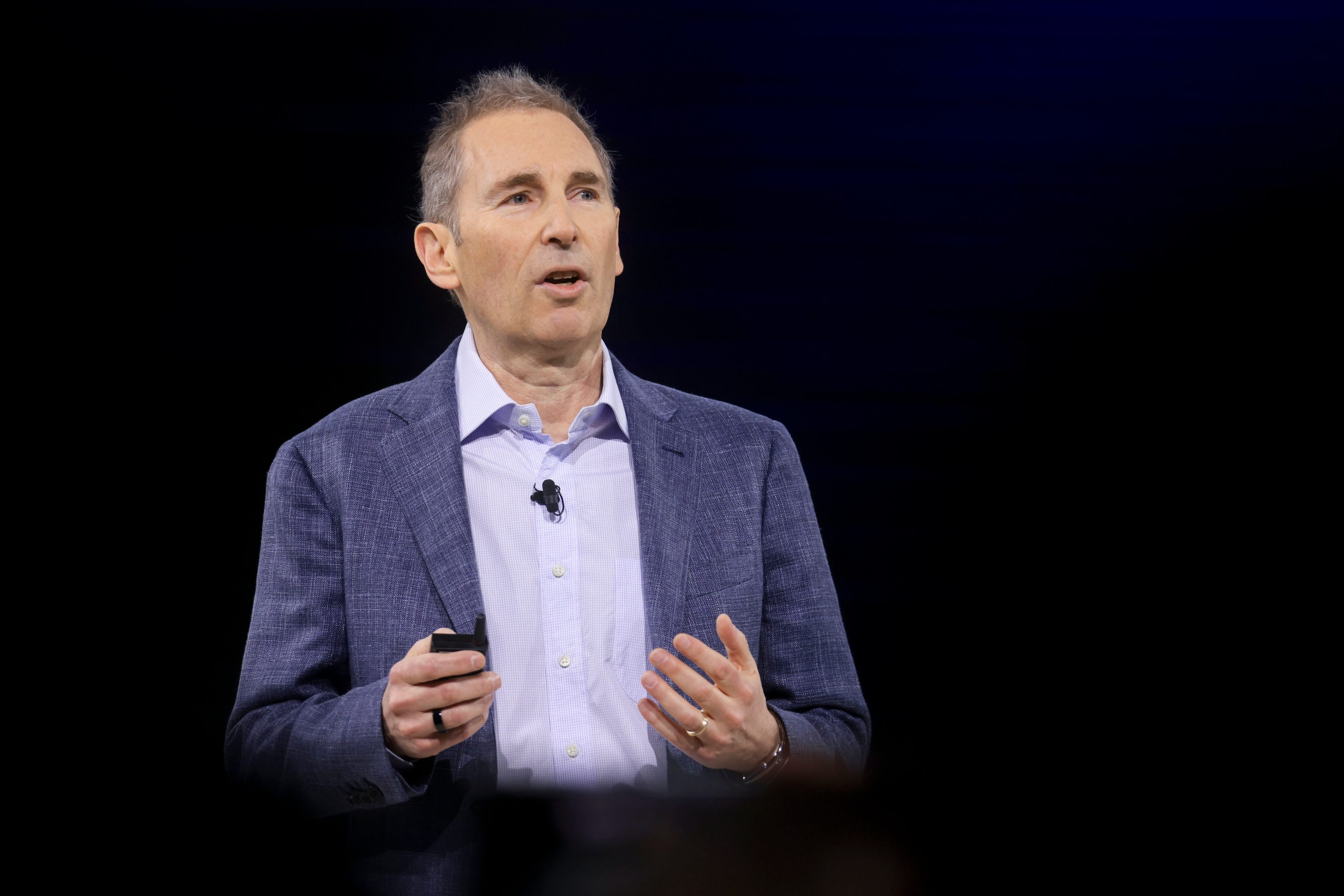 Andy Jassy, chief executive officer of Amazon.com Inc., speaks during an unveiling event in New York on Feb. 26, 2025.