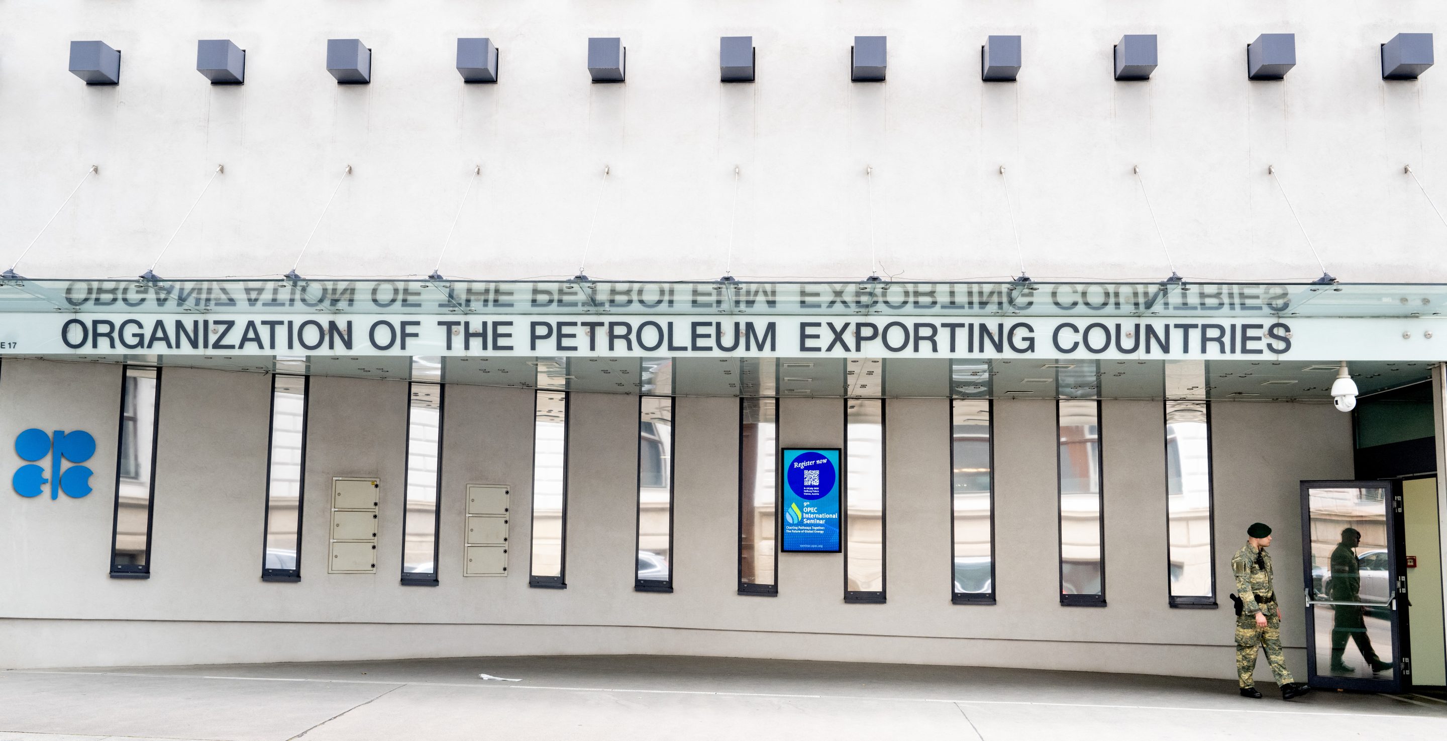 An Austrian soldier stands outside of the building headquarters of OPEC on May 28, 2025.