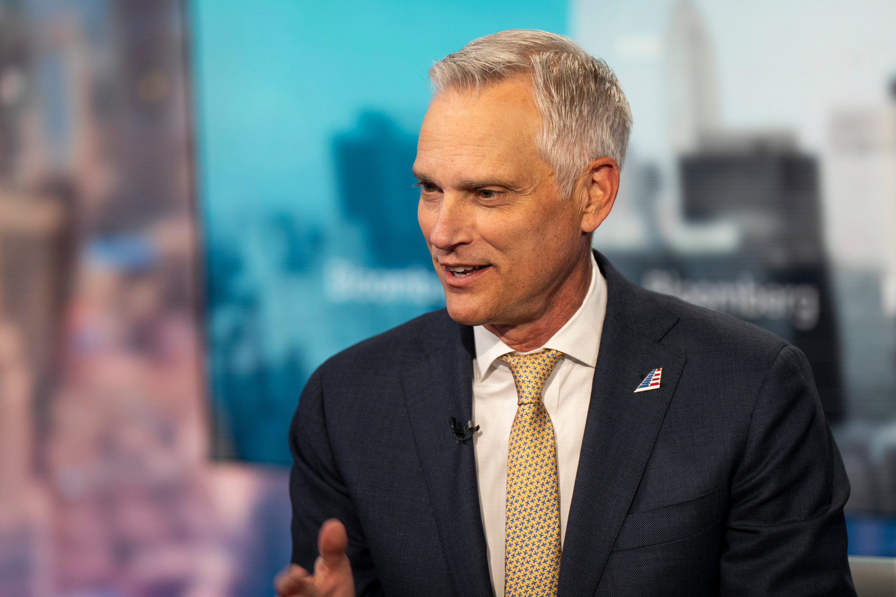 Robert Isom, chief executive officer of American Airlines Group Inc., speaks during a Bloomberg Television interview in New York on Dec. 10, 2025.