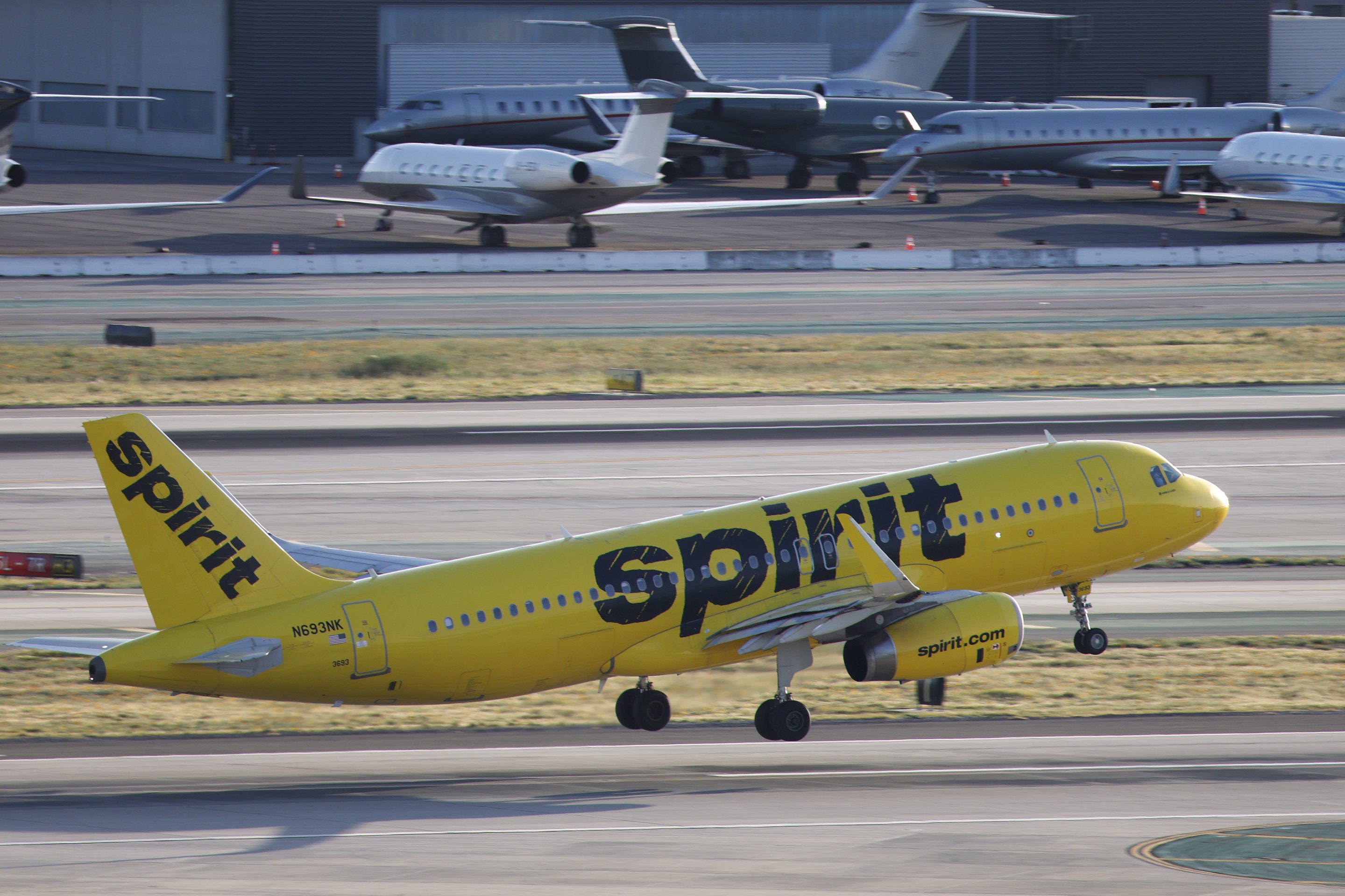 A spirit airlines plane on a tarmac.