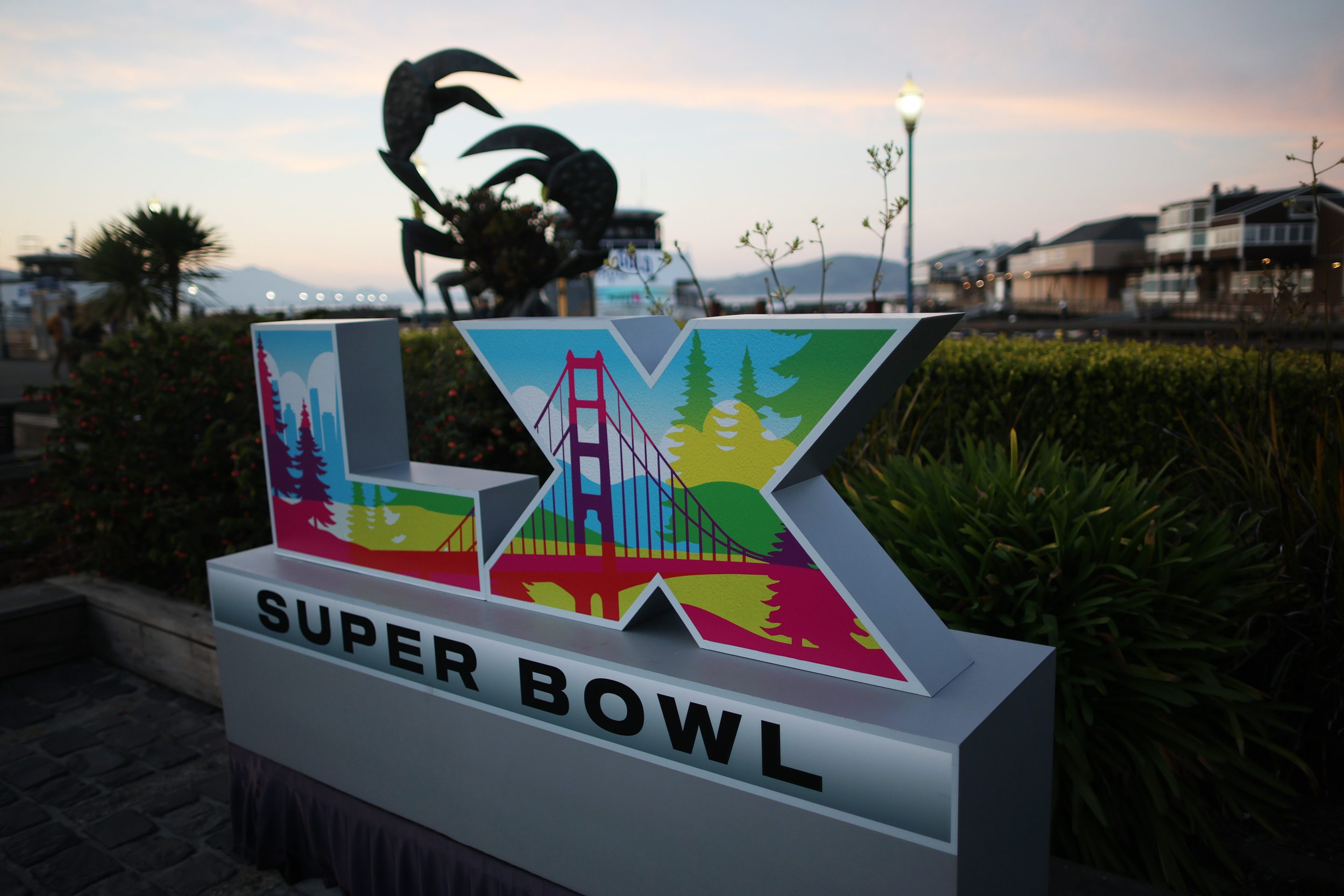 A view of Super Bowl LX signage at Pier 39 is seen on February 4, 2026 in San Francisco, California.