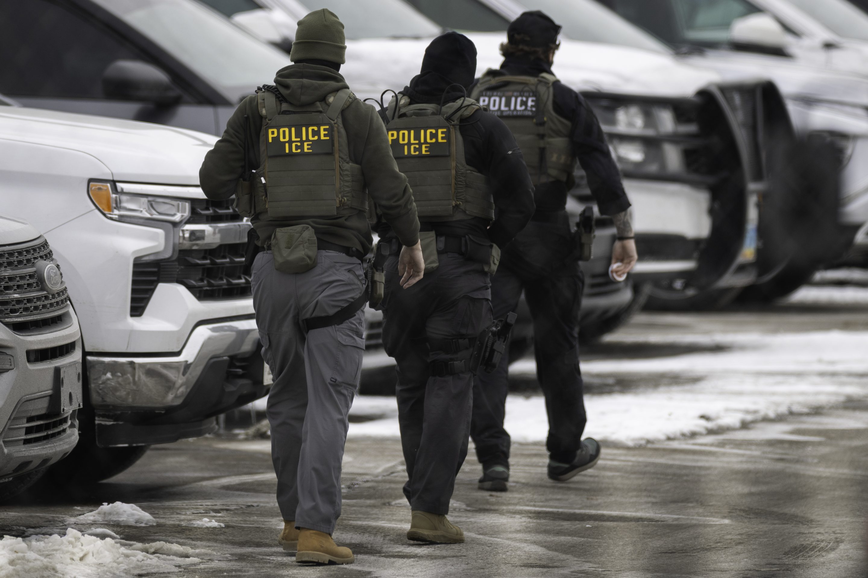 U.S. CE agents depart the Bishop Henry Whipple Federal Building on February 4, 2026 in Minneapolis, Minnesota.
