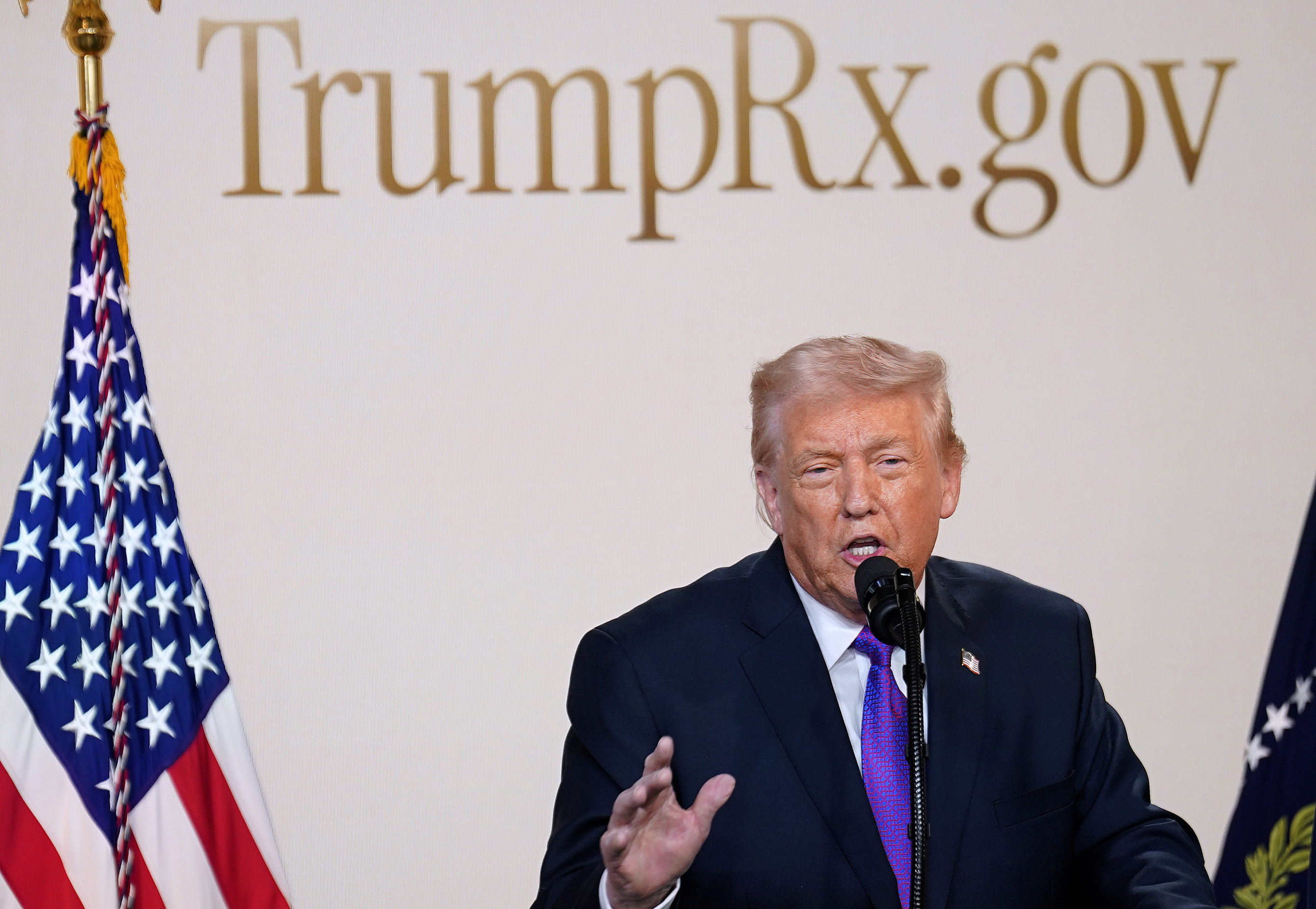 U.S. President Donald Trump speaks during an event on drug pricing in the South Court Auditorium on the White House campus on Feb. 5, 2026 in Washington, DC.